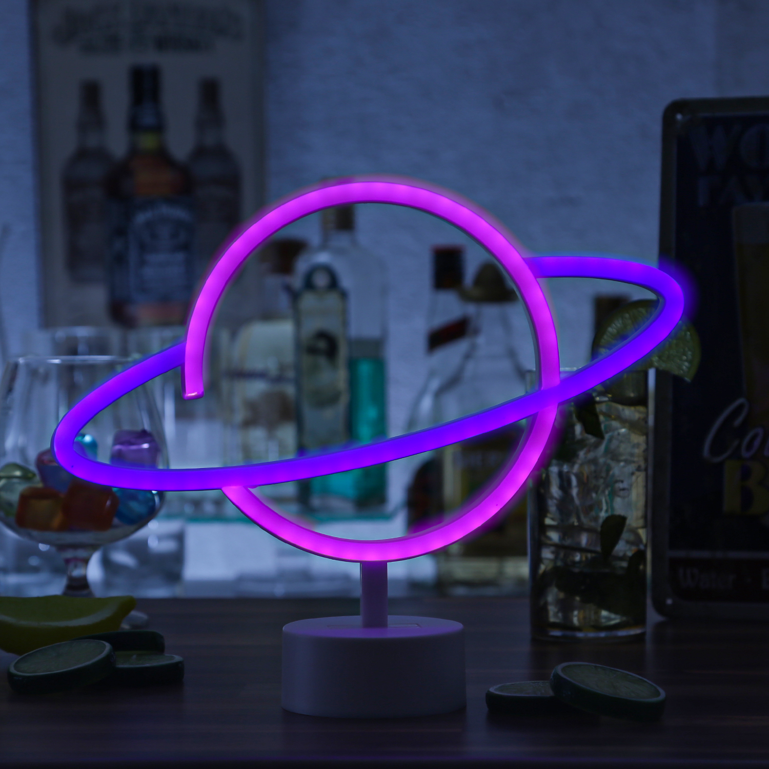 LED NEON Figur PLANET - Dekoleuchte - H: 24cm - Batterie oder USB Betrieb - stehend - blau/pink