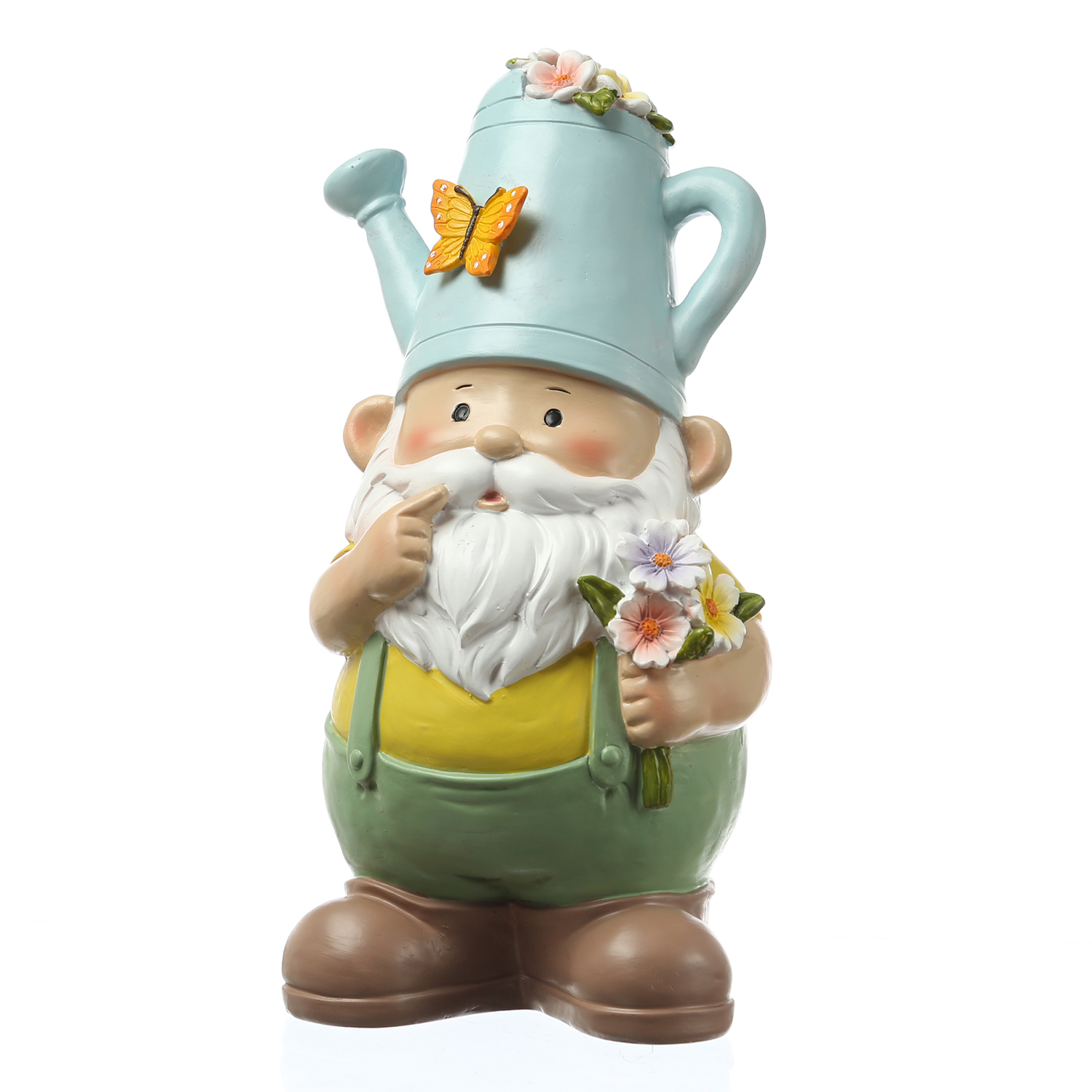 Gartenzwerg mit Gießkannen-Mütze - Zwerg mit Blumenstrauß - Gartenfigur aus Polyresin - H: 24,5cm