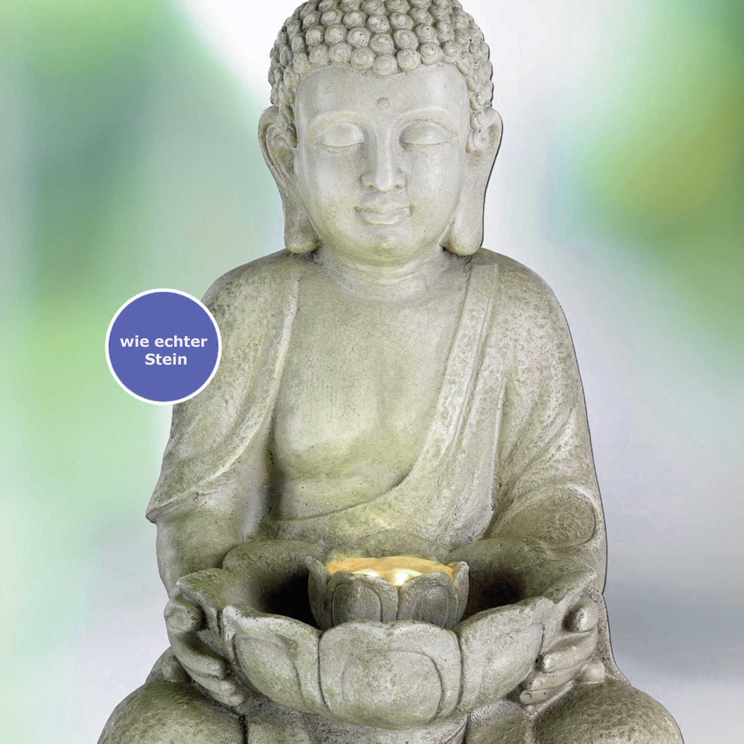 LED Brunnen Buddha - Gartenbrunnen - GRC Beton - 6 warmweiße LED - H: 45cm - Außen - grau