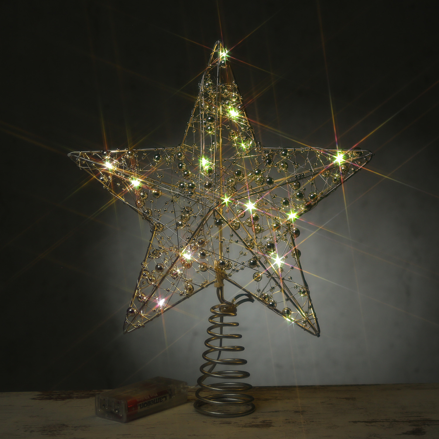 LED Weihnachtsbaumspitze Stern mit Perlen - 15 warmweiße LED - Batterie - Timer - H: 29cm - silber