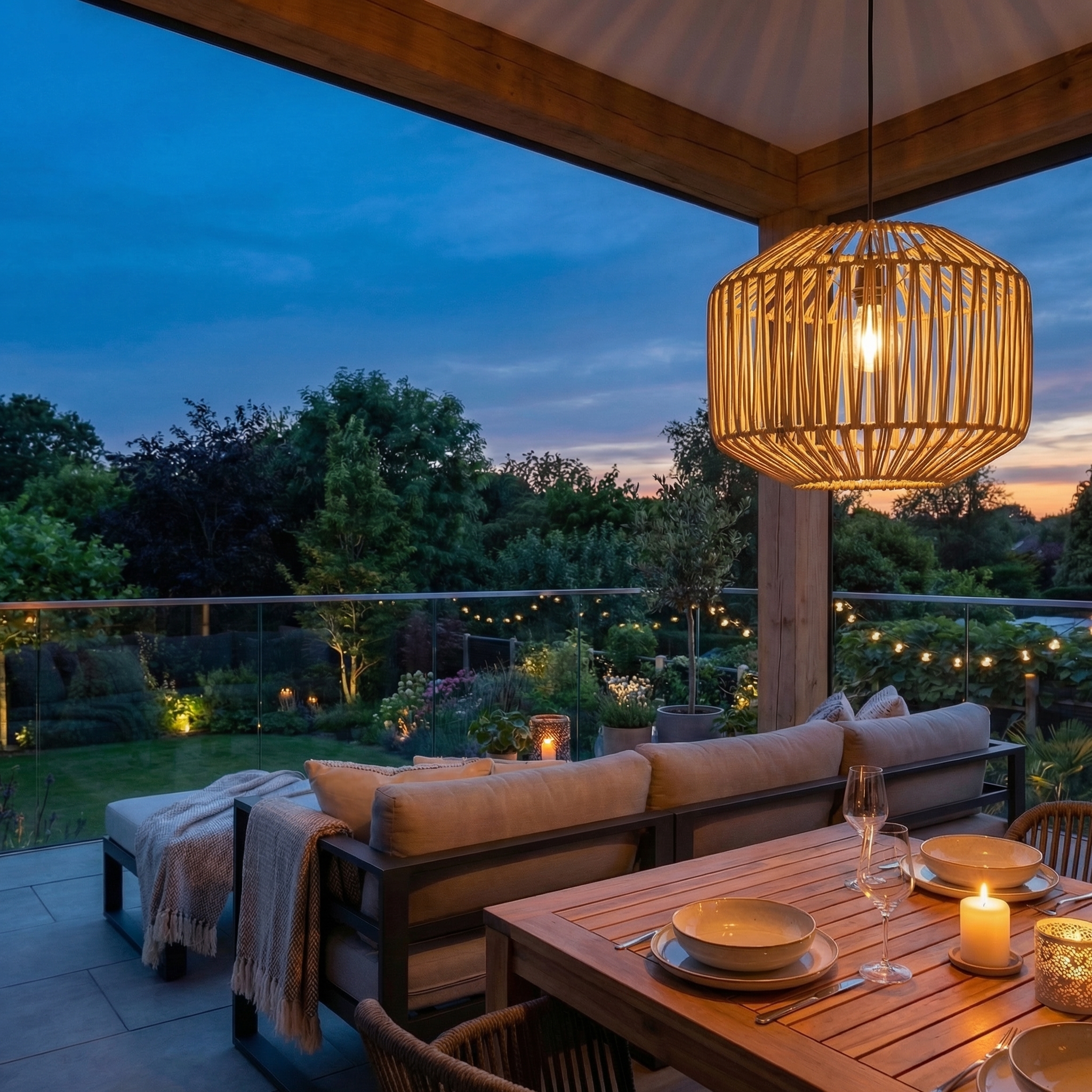 LED Hängeleuchte - Lampenschirm aus Kunststoffseil - D: 40cm - Timer - outdoor