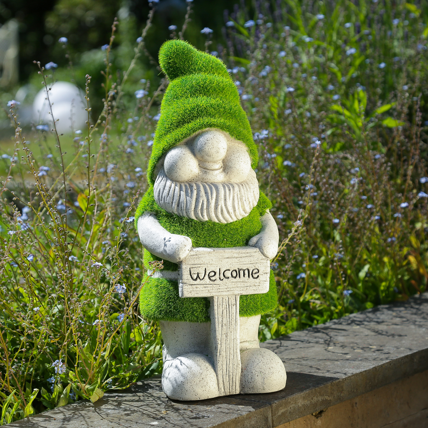 Gartenzwerg WELCOME - Gartenfigur - Magnesia - H: 38cm -  grau, grün