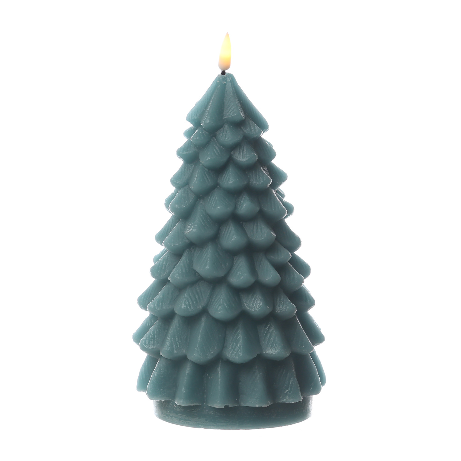 LED Kerze Tannenbaum - Echtwachs - flackernde 3D Flamme - H: 18cm - D: 10cm - dunkelgrün