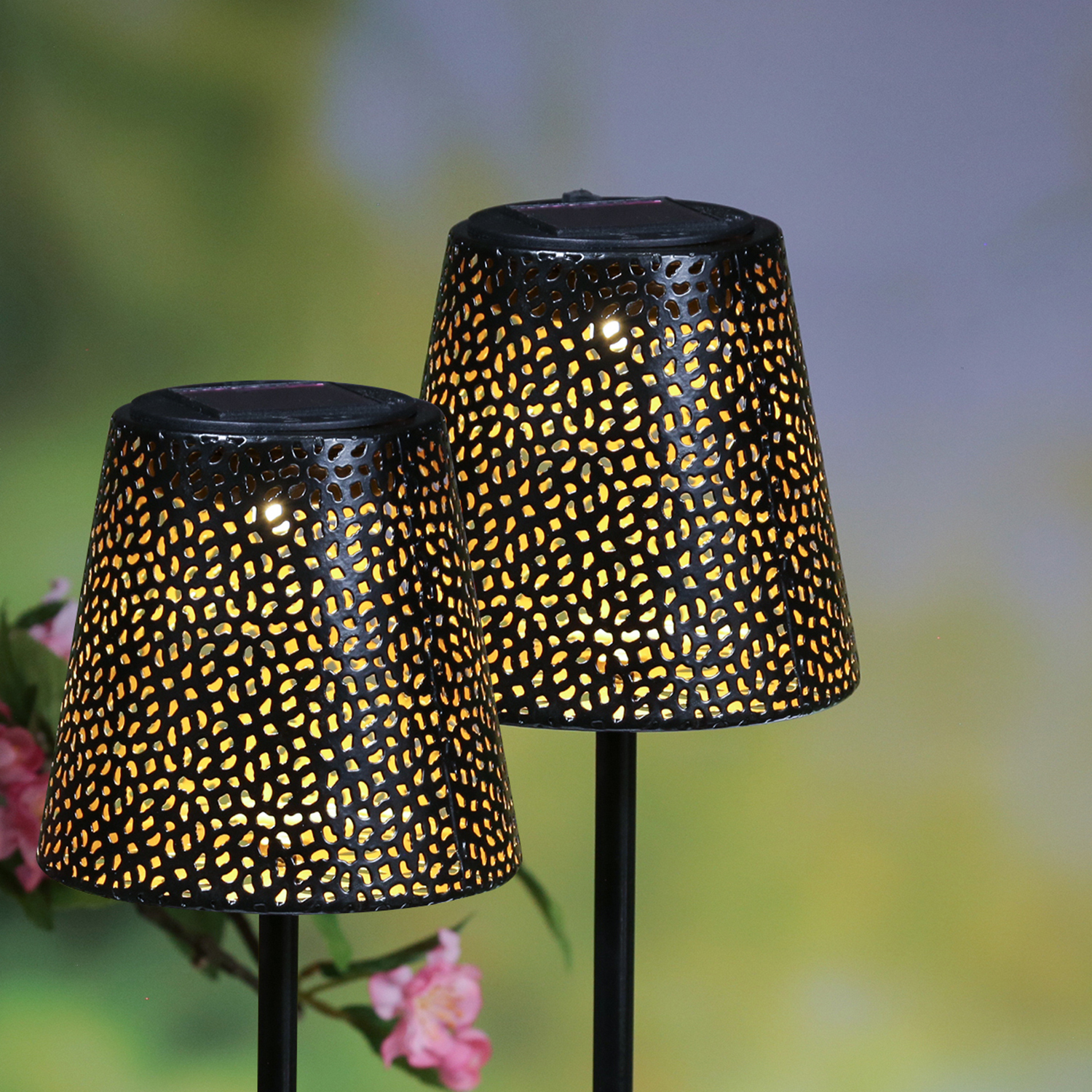 LED Solar Gartenleuchten Blumenmuster - Gartenstecker - H: 58cm - Lichtsensor - schwarz - 2 2St.
