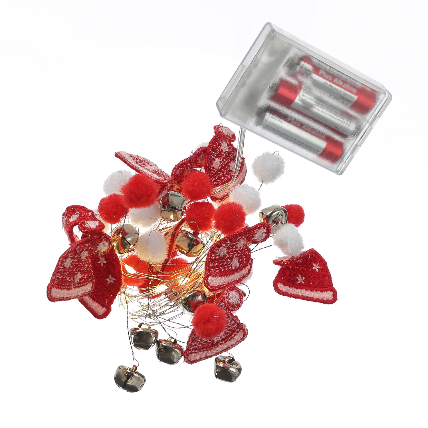 LED Drahtlichterkette Weihnachtsmütze - mit Glöckchen - 20 warmweiße LED - L: 1,9m - Timer - rot