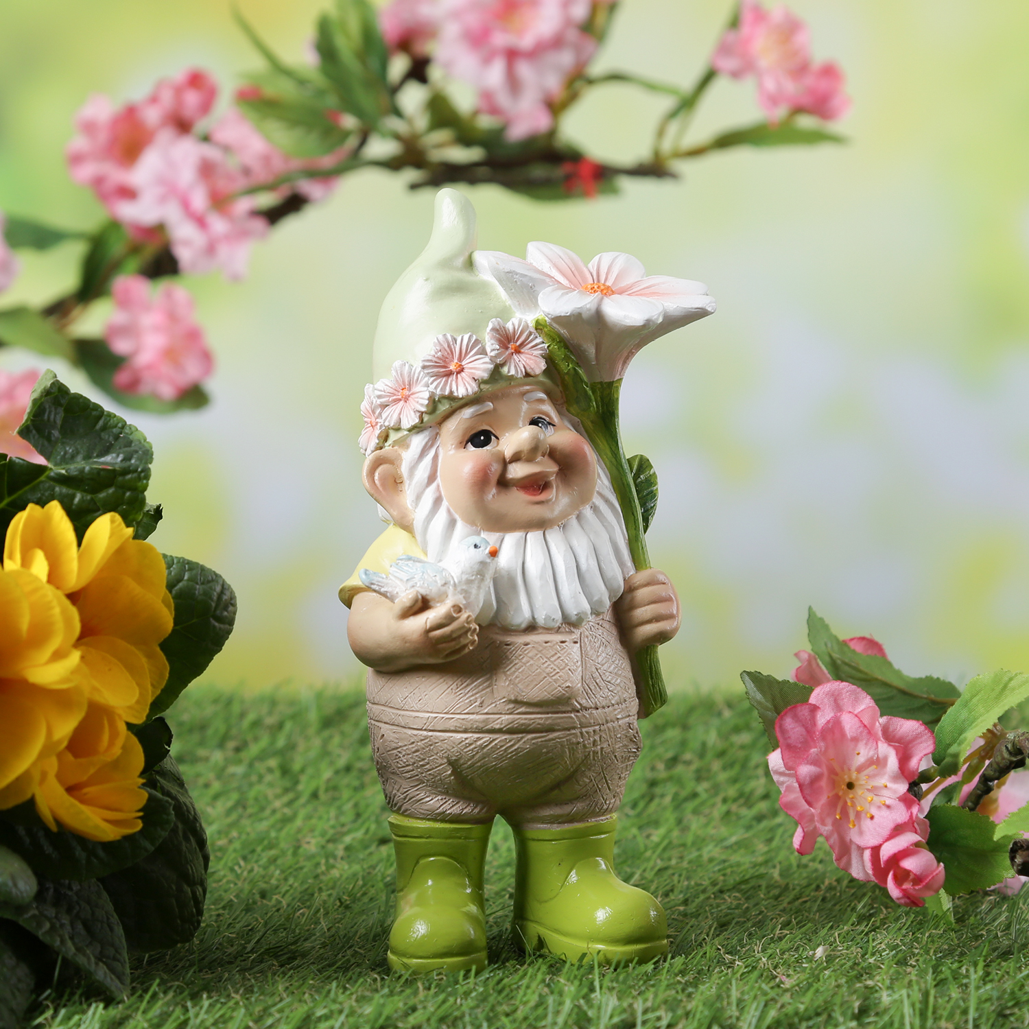 Gartenzwerg BERT - Zwerg mit Vögelchen und Blume - Gartenfigur - Polyresin - H: 17,5cm - bunt