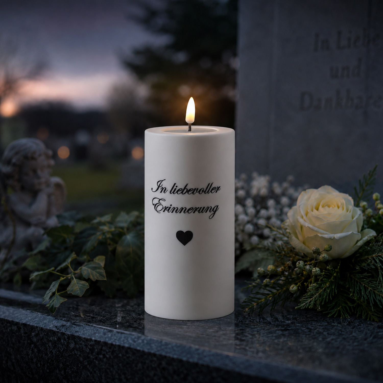 LED Grabkerze MIA - mit Schrift - Grablicht - 3D Flamme - H: 12,5cm - D: 7,5cm - weiß - für Außen