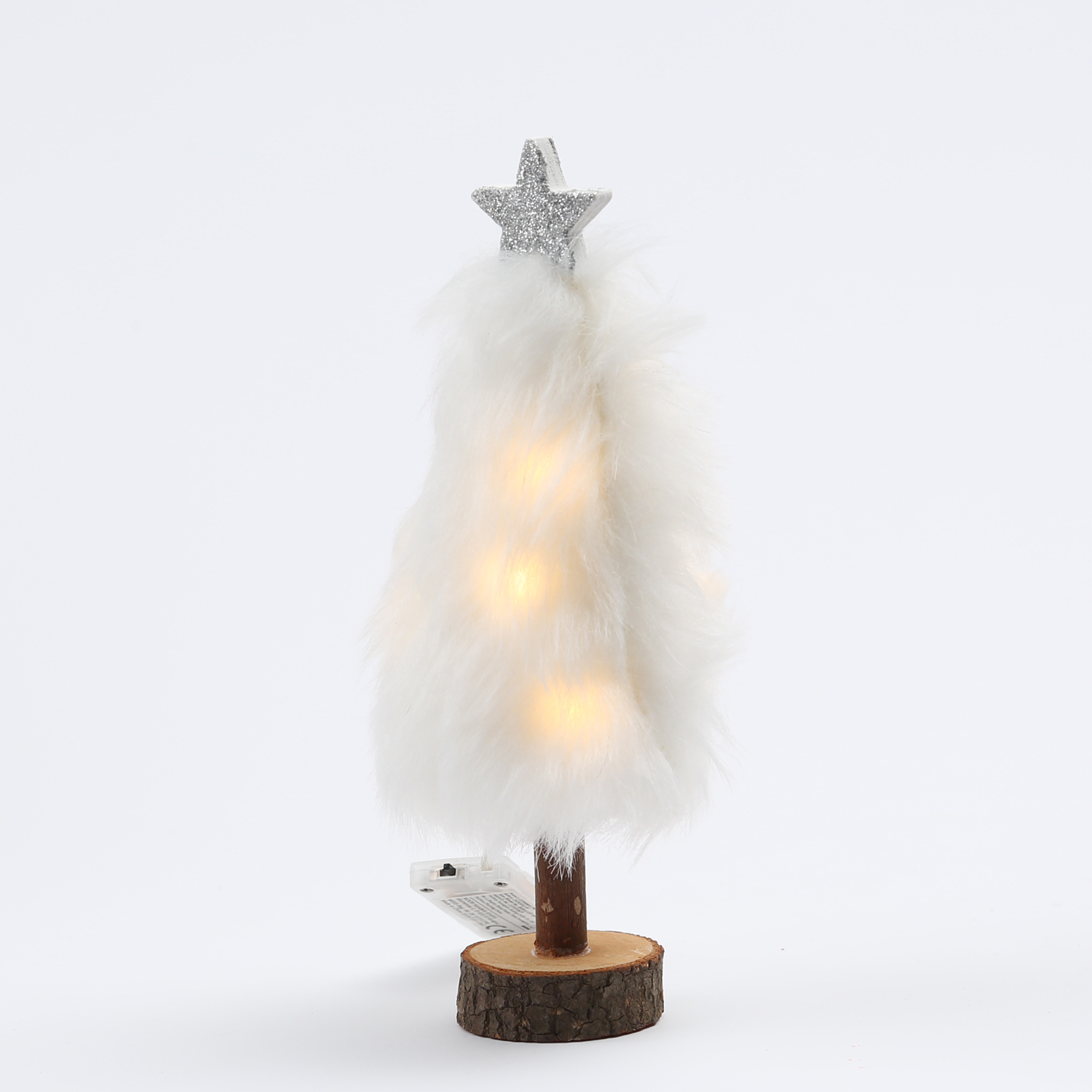LED Dekobaum PLÜSCH - Holz - Plüschfell - warmweiße LED - Sternspitze - H: 19,5cm - Batterie - weiß