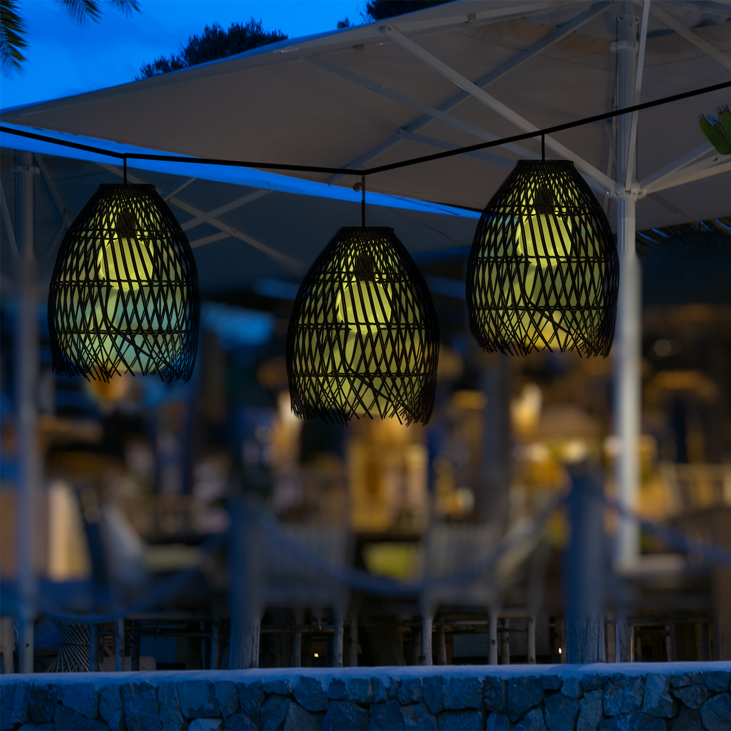 LED Solar Haengeleuchte BOHO - Lampenschirm in Korboptik - warmweiss - H- 36cm - Lichtsensor - schwarz