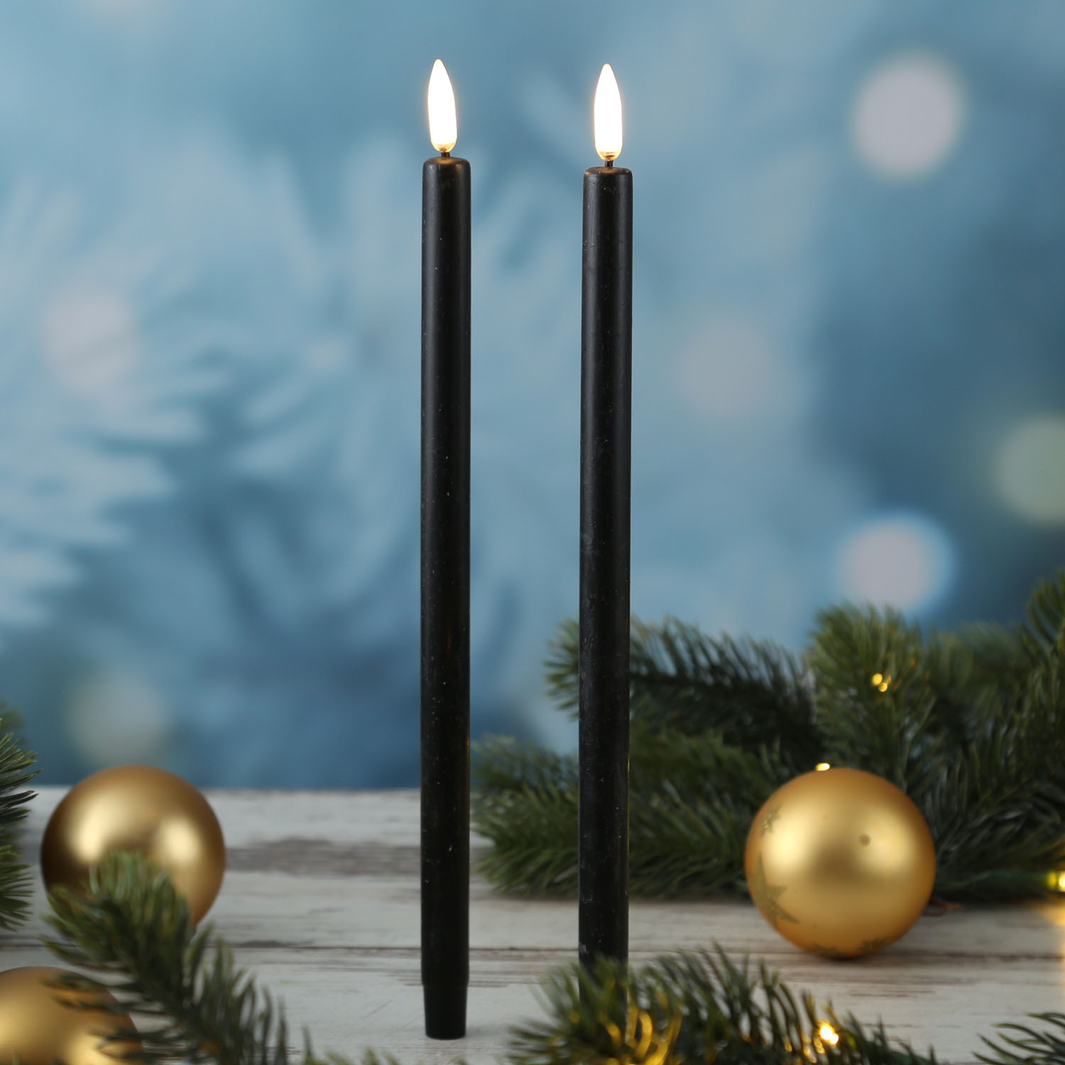 LED Stabkerzen THEA - dünne Tafelkerzen - Echtwachs - H: 25cm - D: 1,3cm - schwarz - 2 Stück