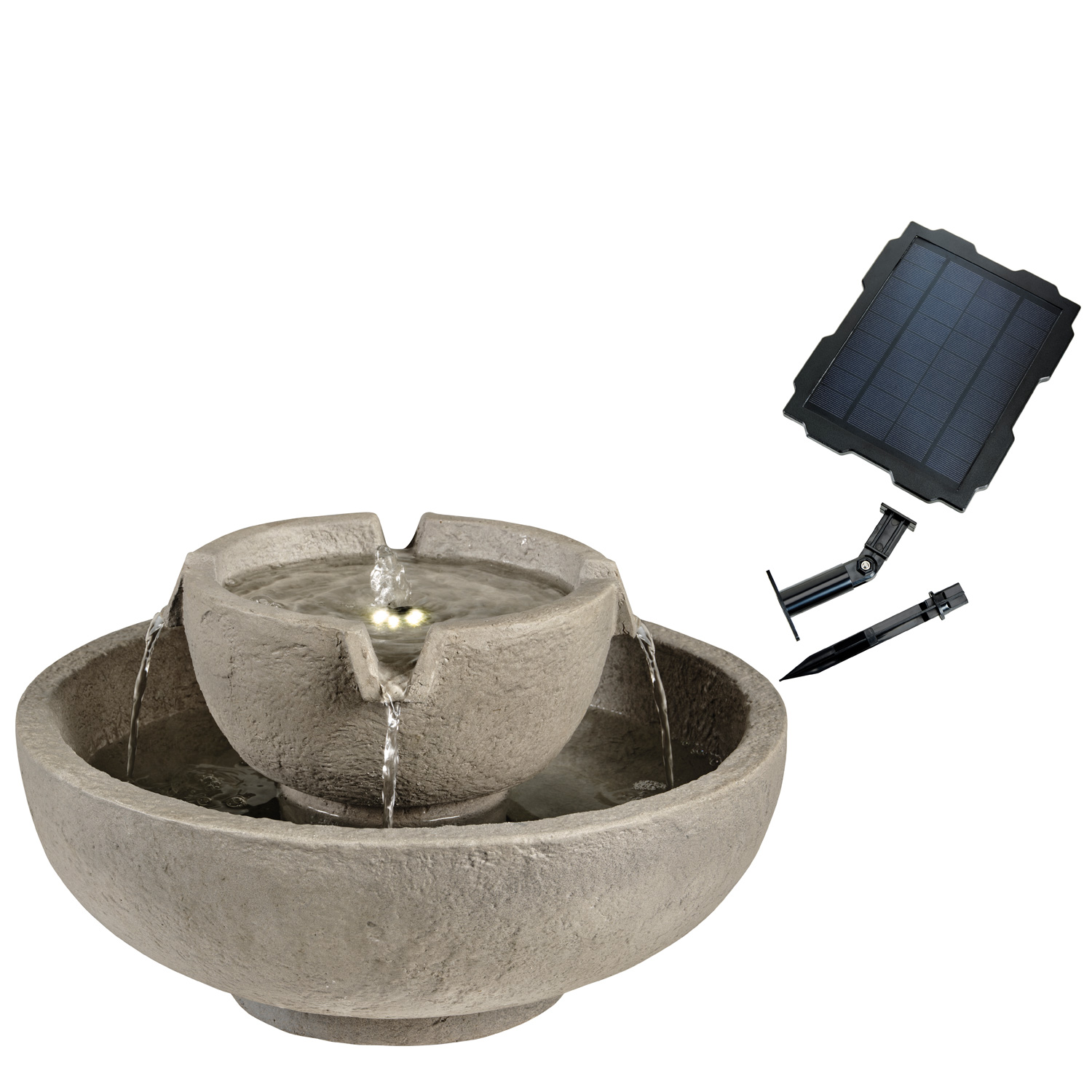 LED Solar Brunnen - Gartenbrunnen - GRC Beton - 6 warmweiße LED - D: 43cm - grau