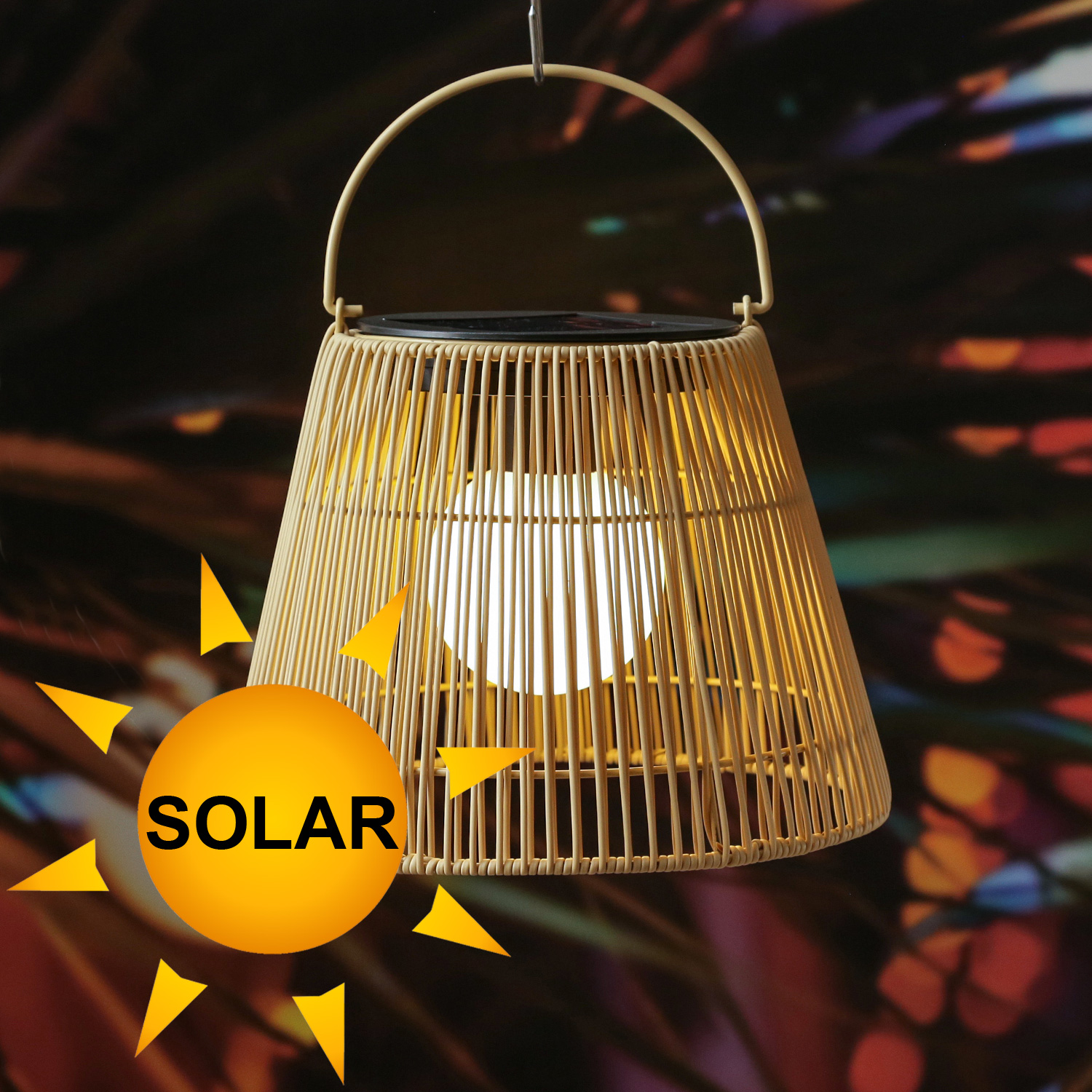 LED Solar Laterne/Hängeleuchte - Rattanoptik  - warmweiße LED - H 22cm - Lichtsensor - natur