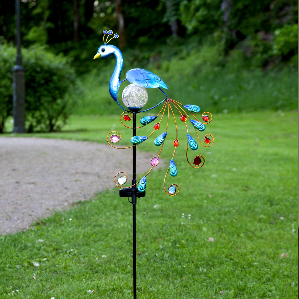 LED Solarstab "Pfau"- blau - warmweiße LED in Glaskugel - H: 80cm - Dämmerungssensor