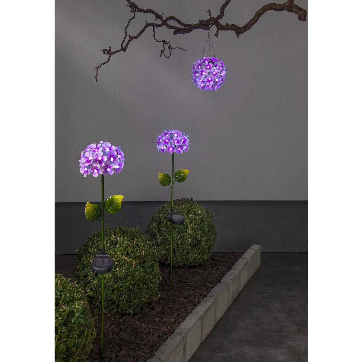 LED Solarstab "Hortensie" - pink - 27 kaltweiße LED - H: 77cm, D: 16cm - Dämmerungssensor
