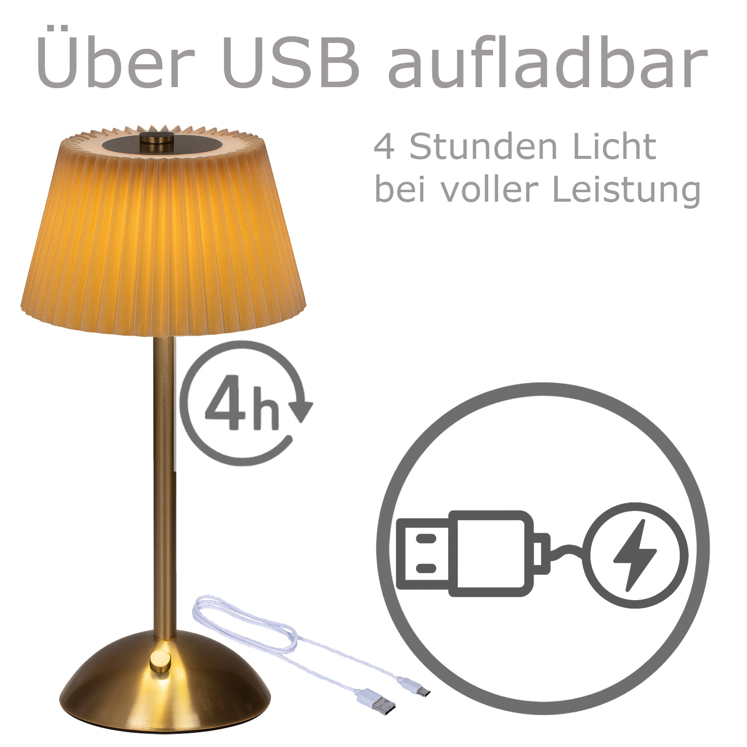 LED Tischlampe GENUA - wiederaufladbar per USB - 3 Lichtfarben - dimmbar - H:30,5cm - braun