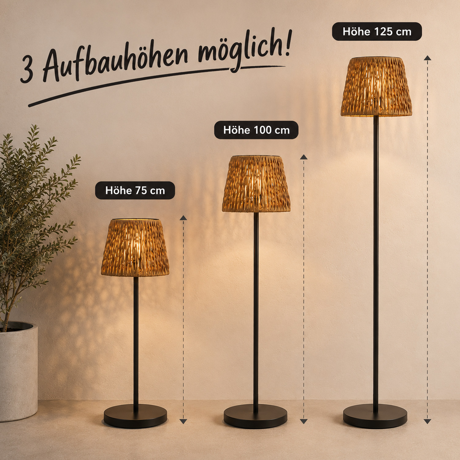 LED Solar Stehlampe in Rattan-Optik - Gartenlampe - 2 Höhenmöglichkeiten - H: 125cm - Lichtsensor