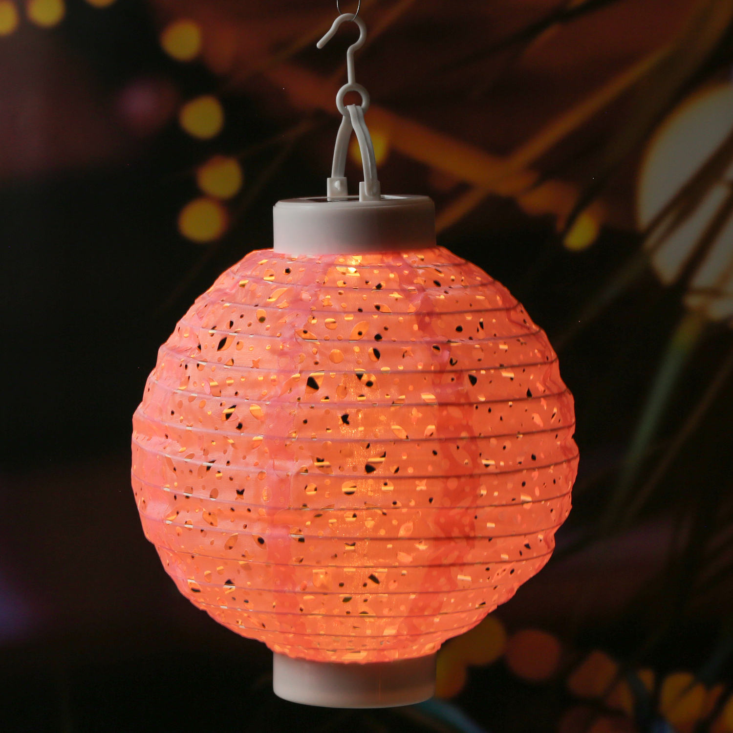 LED Solar Lampion - mit Muster - warmweiße LED - H: 23cm - D: 20cm - Lichtsensor - rosa