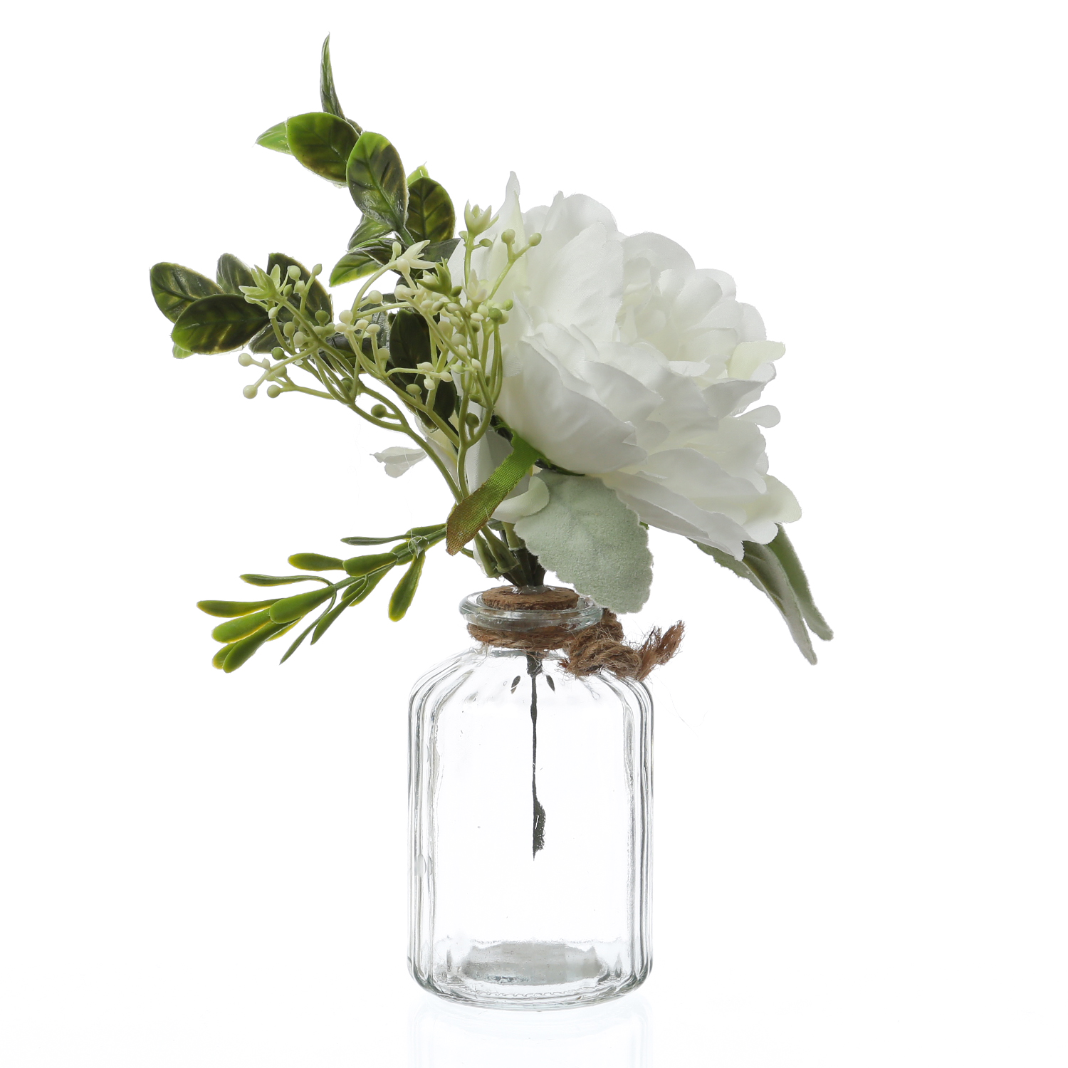 Kunstblumenstrauß in Mini Glasvase - Pfingstrose und Hortensie in Blumenvase - H: 20cm - weiß