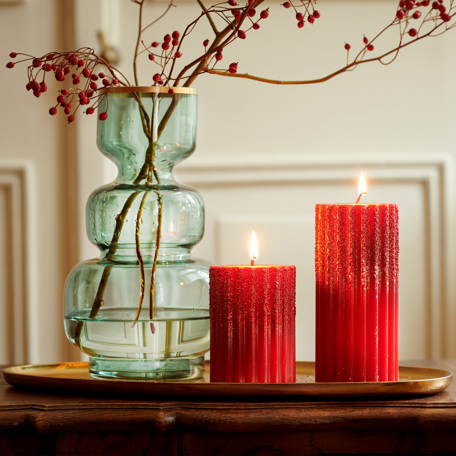 Stumpenkerze - Goldglitzer - geriffelt - H: 10cm, 15cm - rot - 2er Set