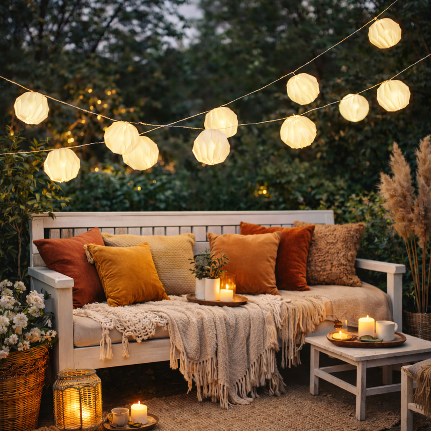 LED Lichterkette Origami Lampions - 10 weisse XL Papierblumen - Timer - L- 3-6m - Batteriebetrieb