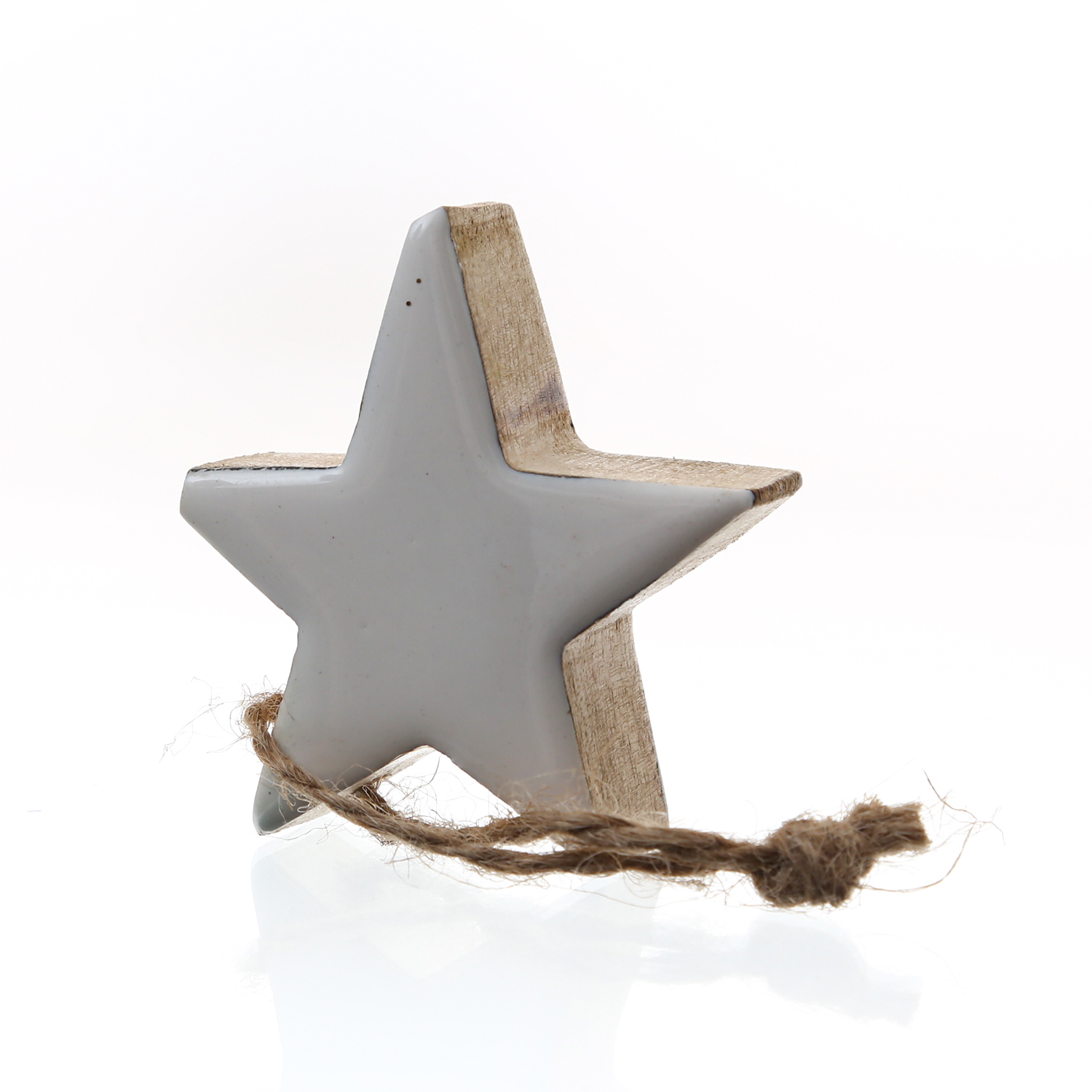 Holzstern - Mangoholz - Kordel - hängend - einseitig emailliert - H: 5,5cm - natur, weiß