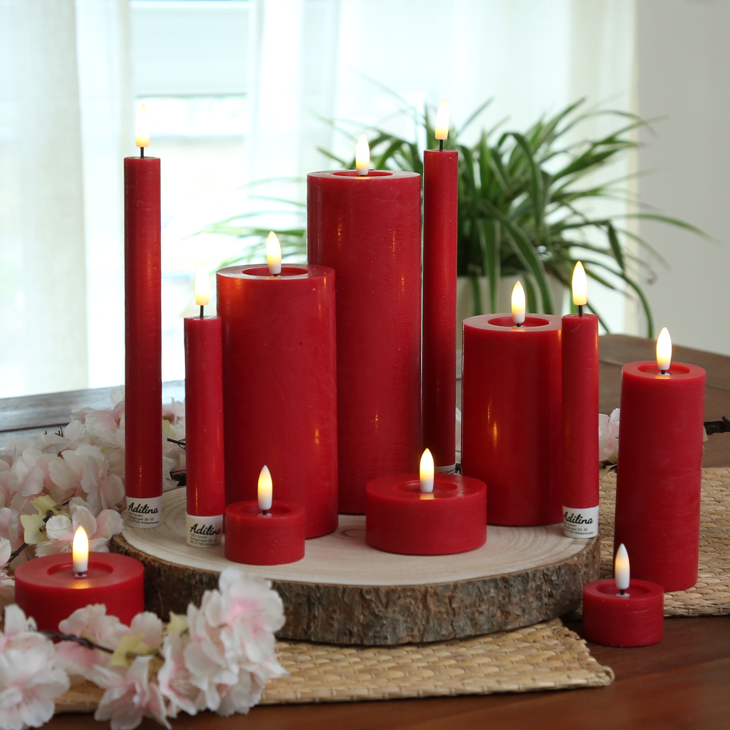 LED Kerze LINA - Rustik-Optik - Echtwachs - 3D Flamme - H: 11cm - D: 7cm - Batterie - Timer - rot