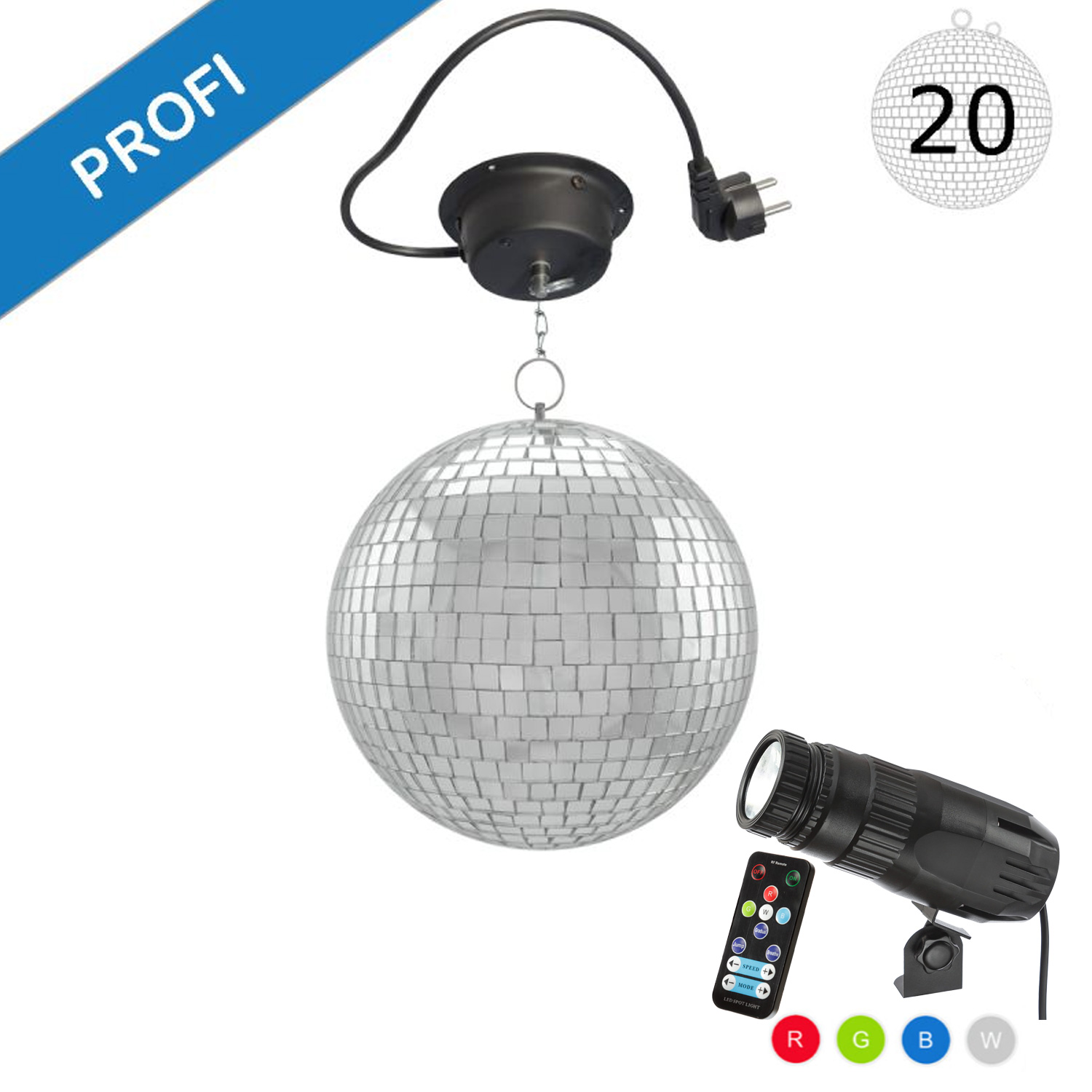 Spiegelkugel Komplettset - Discokugel, Motor, Pinspot, Montagematerial für Diskokugel - Mirrorball Set - Partyset