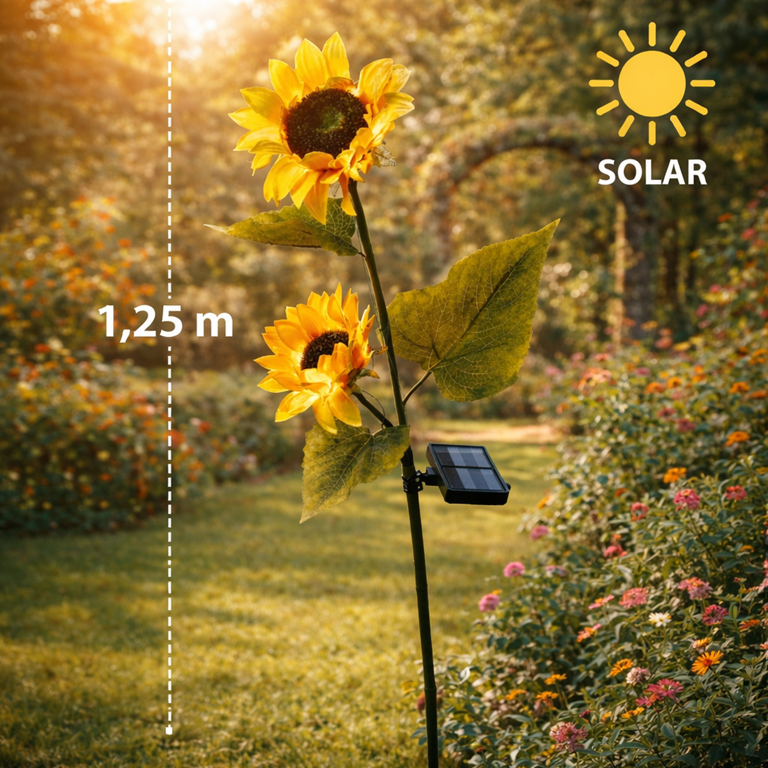 LED Solar Gartenstecker SONNENBLUME - H 125m - Lichtsensor - grün/gelb