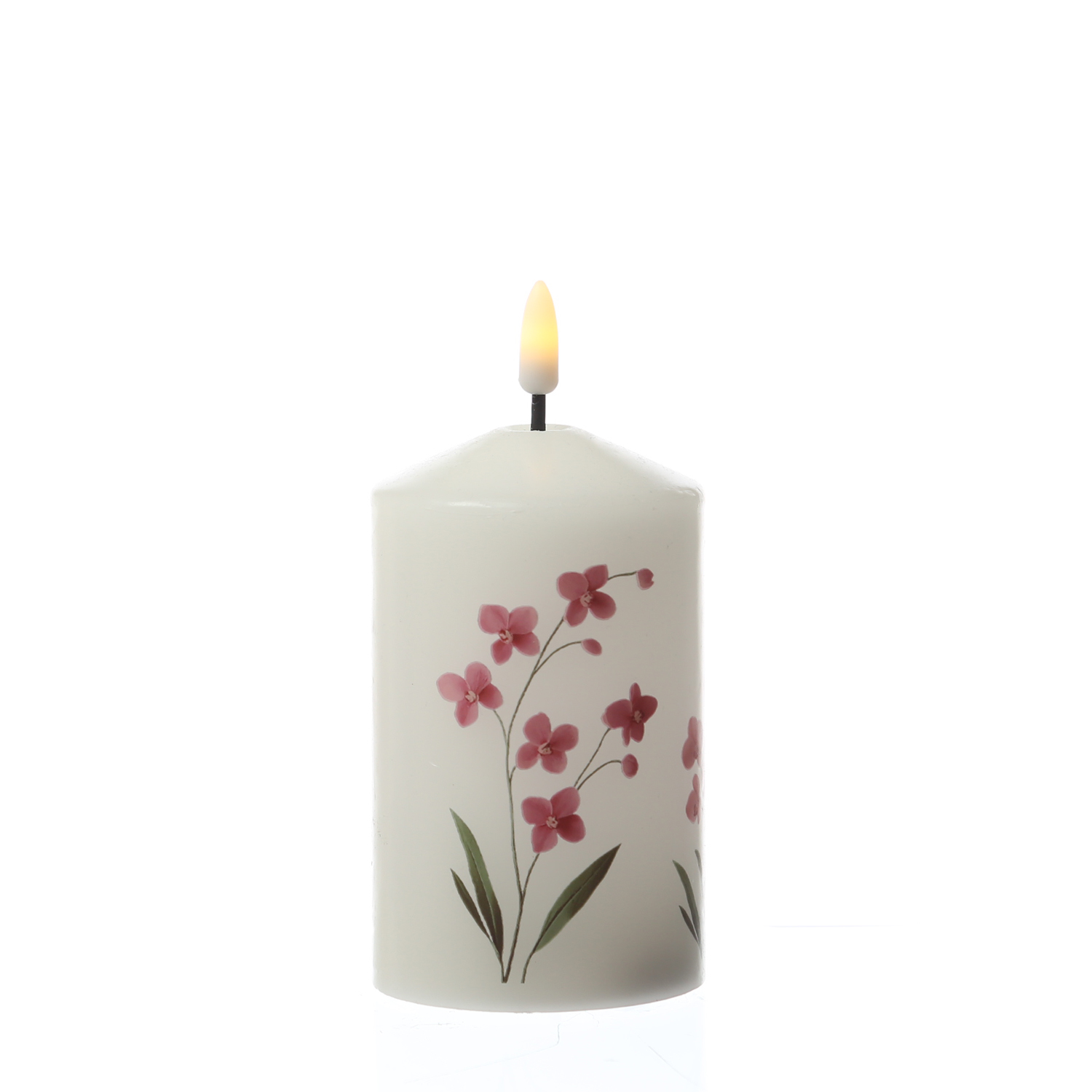 LED Kerze mit Orchideen Motiv - Echtwachskerze mit Blumen Design - H: 14,5cm - D: 7cm - Timer