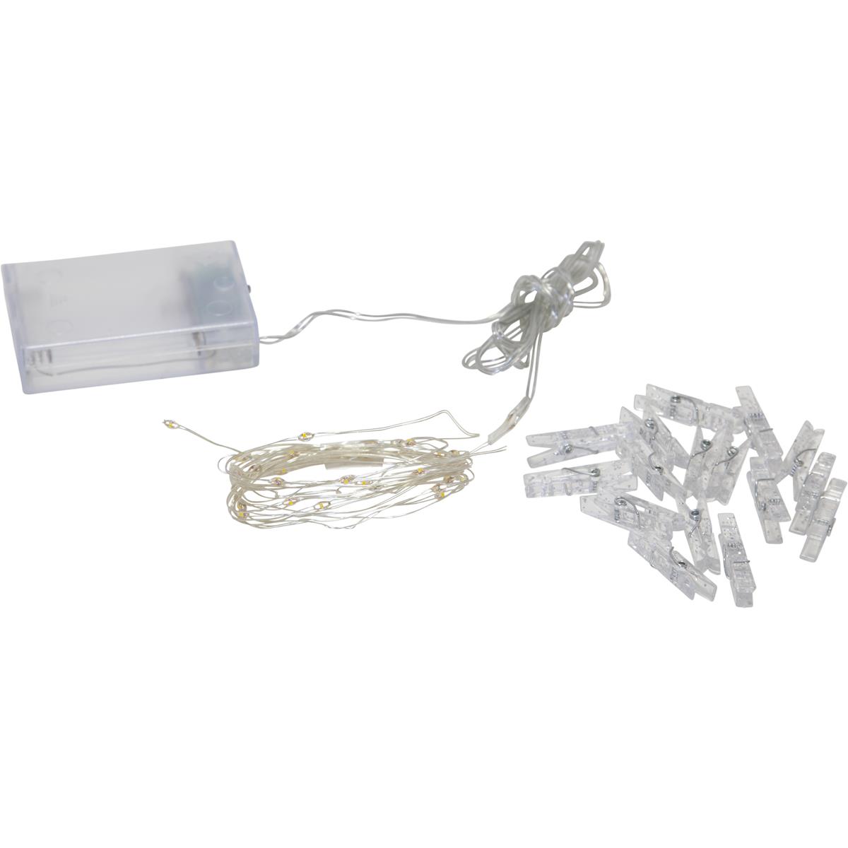 LED Clip Lichterkette - 16 Wäscheklammern - 30 warmweiße LED - 2,9m - Timer - Batterie - transparent