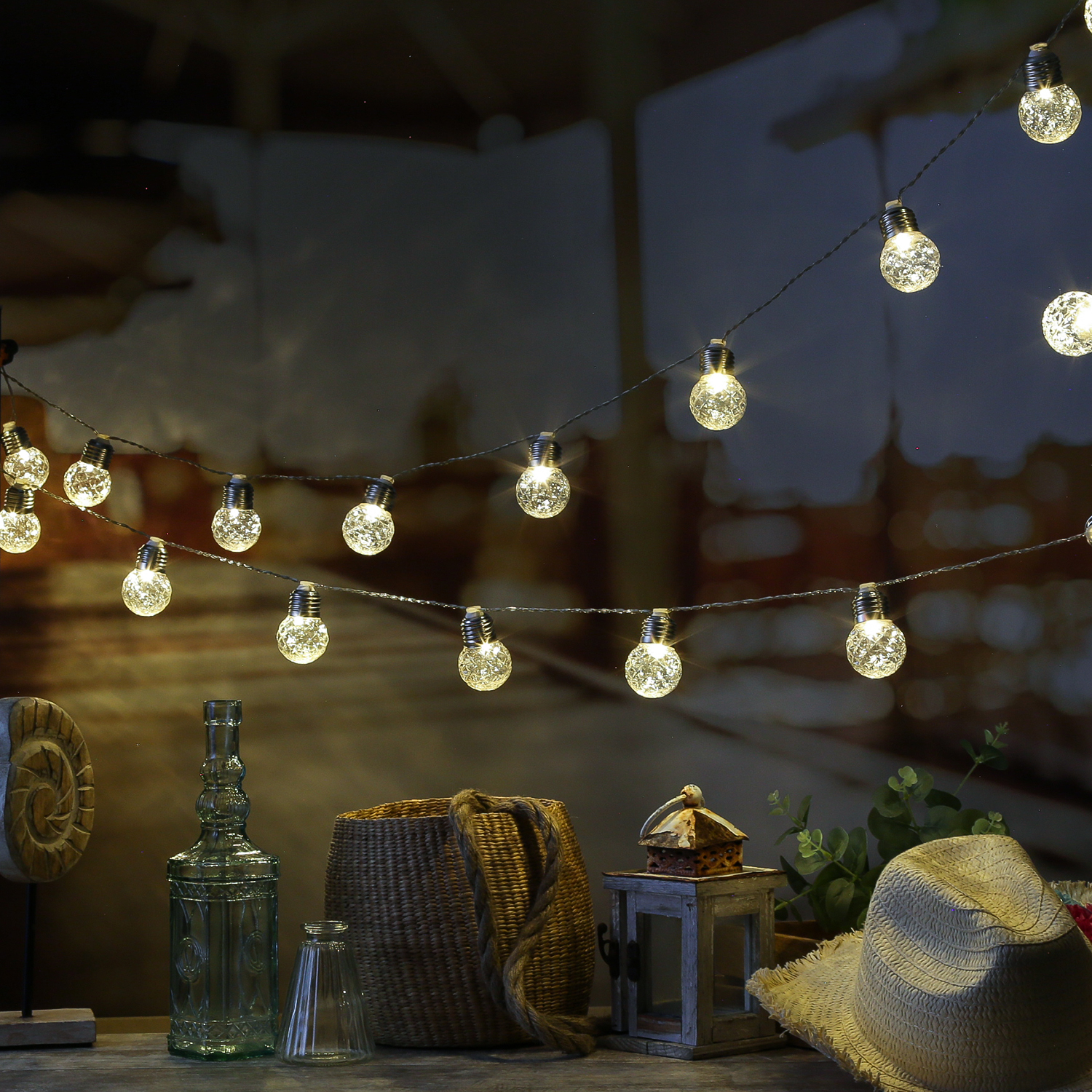 LED Solar Lichterkette Kristall Kugeln - 20 Kugeln - L: 3,8m - Blink-/Dauerleuchten