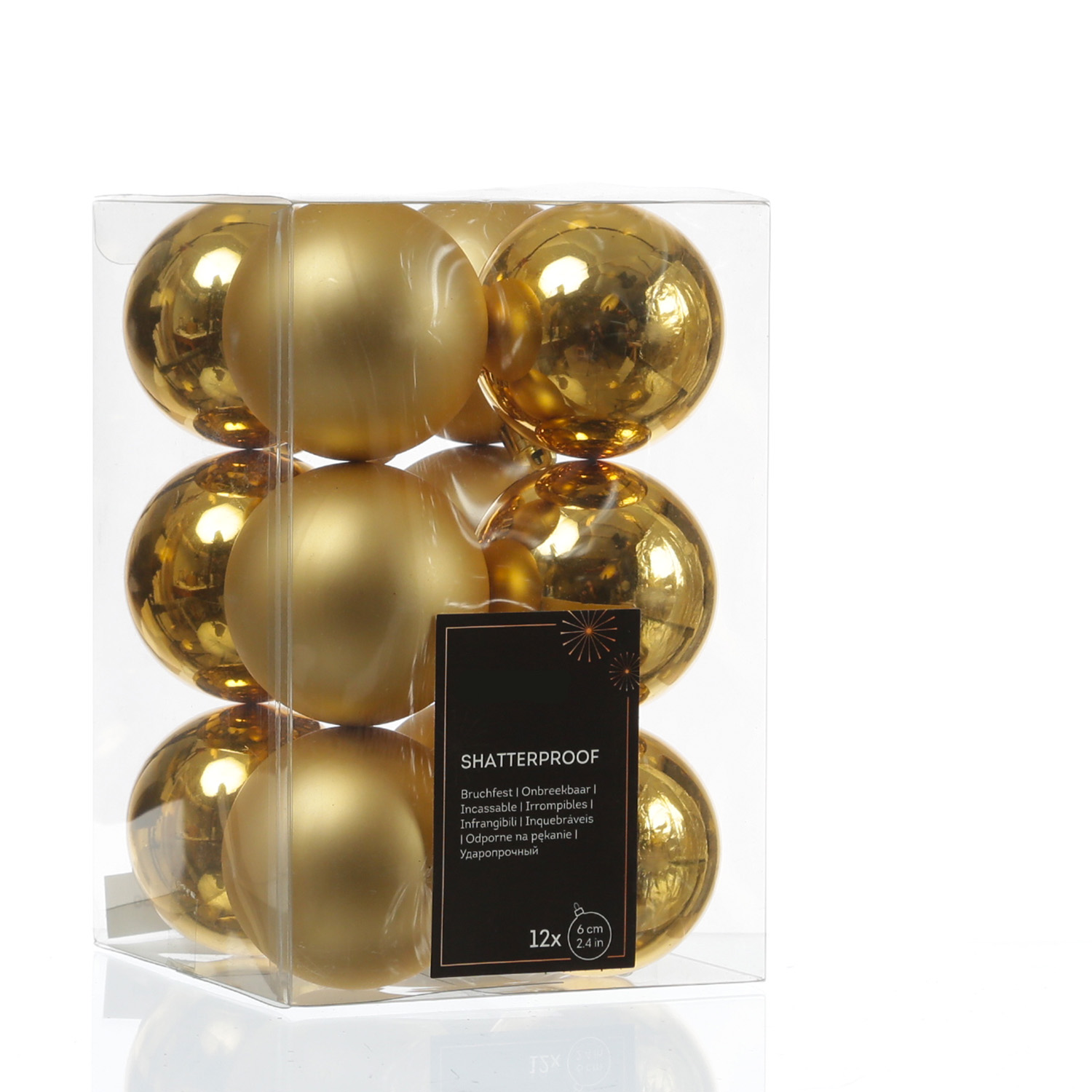 Christbaumkugeln - Weihnachtbaumskugeln - bruchfest - D: 6cm - glänzend/matt  - gold - 12er Set