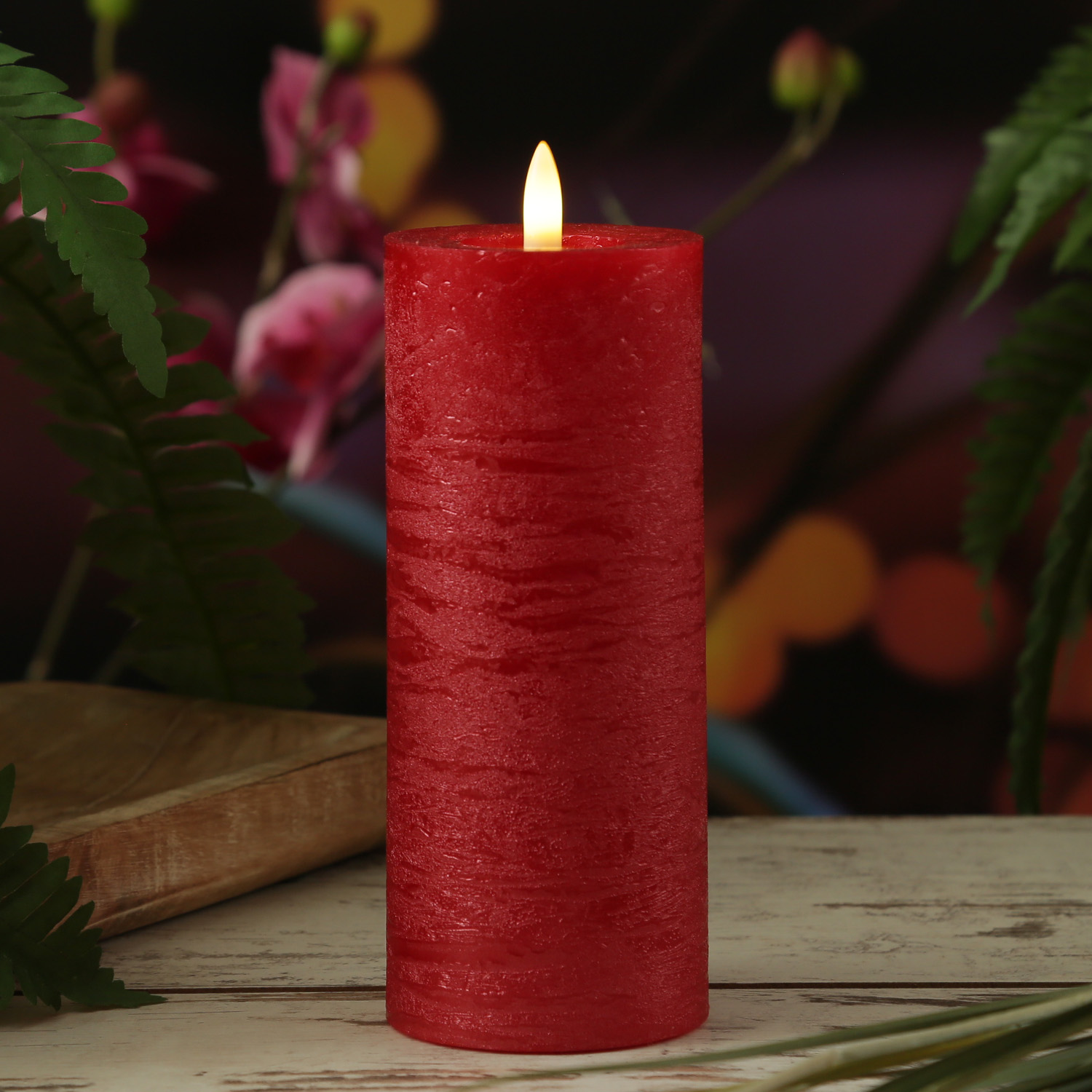 LED Kerze LINA - Rustik-Optik - Echtwachs - 3D Flamme - H: 20cm - D: 7cm - Batterie - Timer - rot