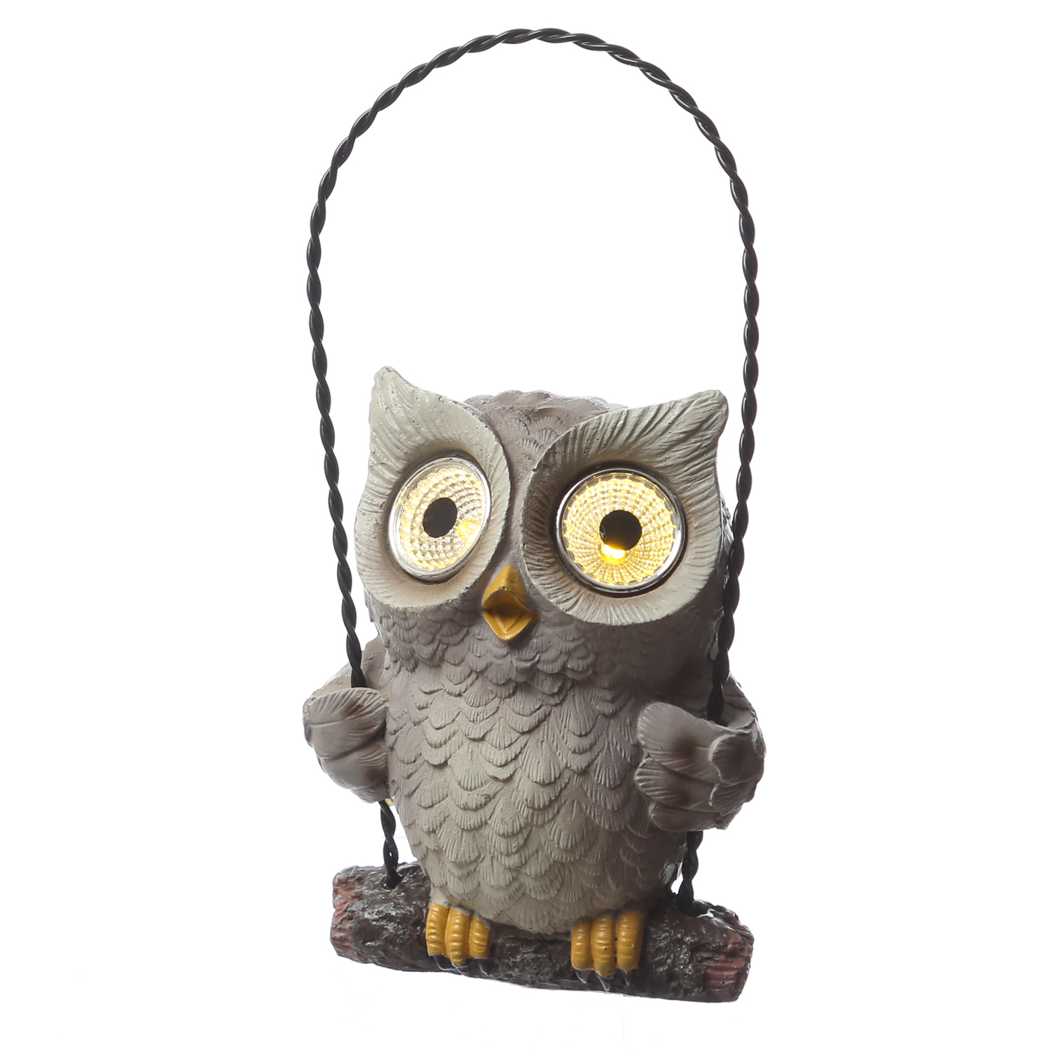 LED Solar Eule auf Schaukel - Gartenfigur mit leuchtenden Augen - H: 19cm - Lichtsensor