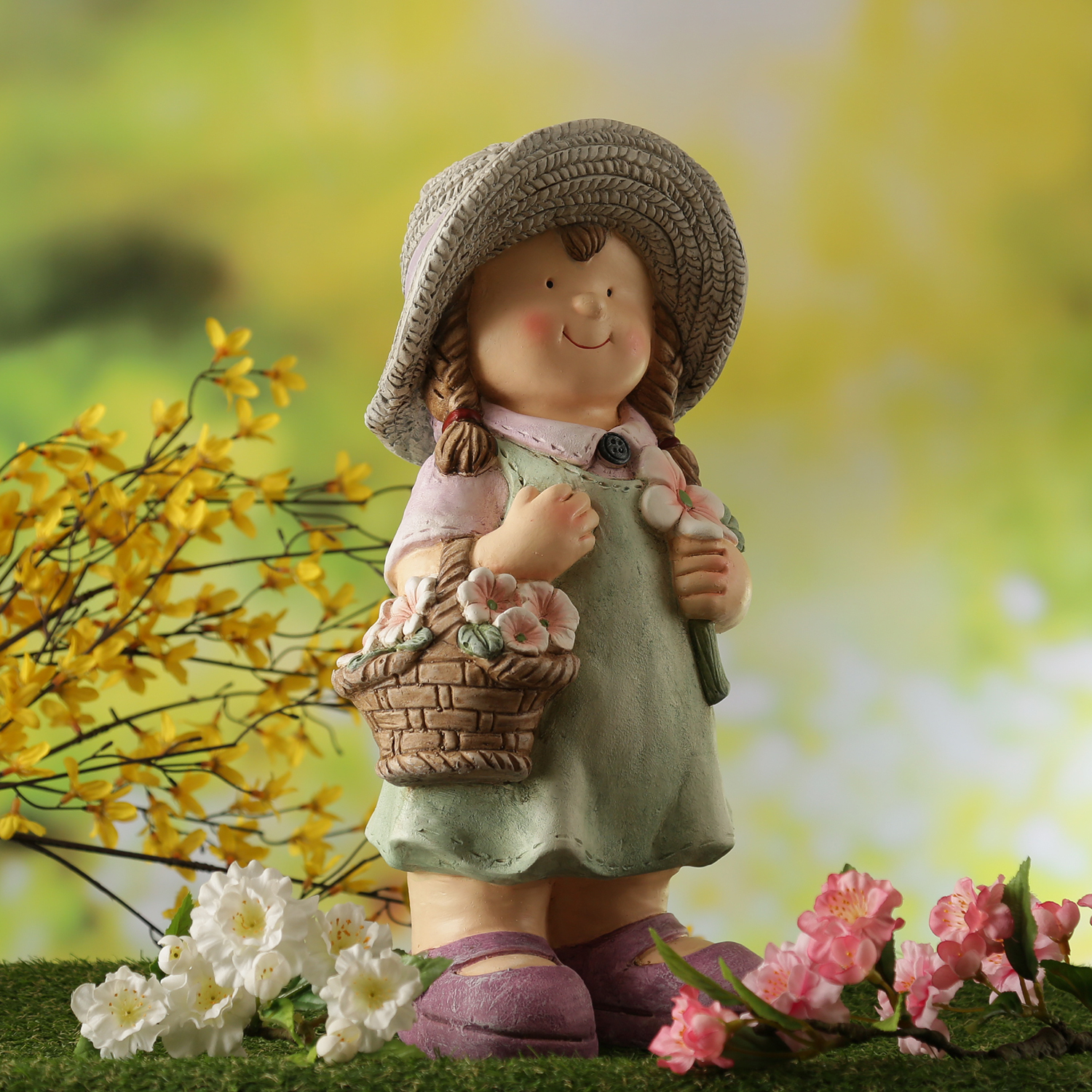 Dekofigur Klara - Mädchen mit Blumenkorb - Gartenfigur - Magnesia  - H: 39cm - bunt
