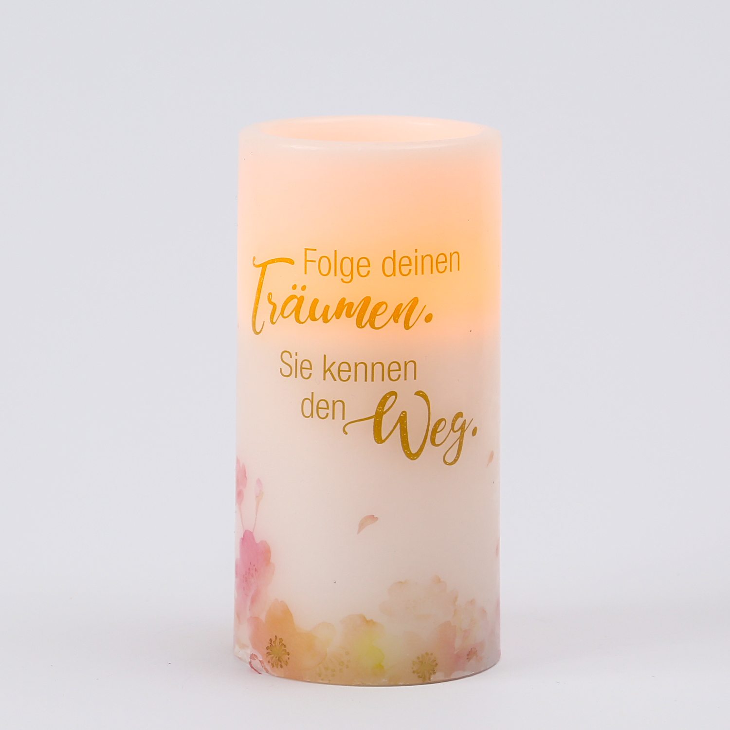 LED Kerze mit Zitat - Echtwachs - florales Design - warmweiße LED - H: 15cm - D: 7cm - Innen - weiß