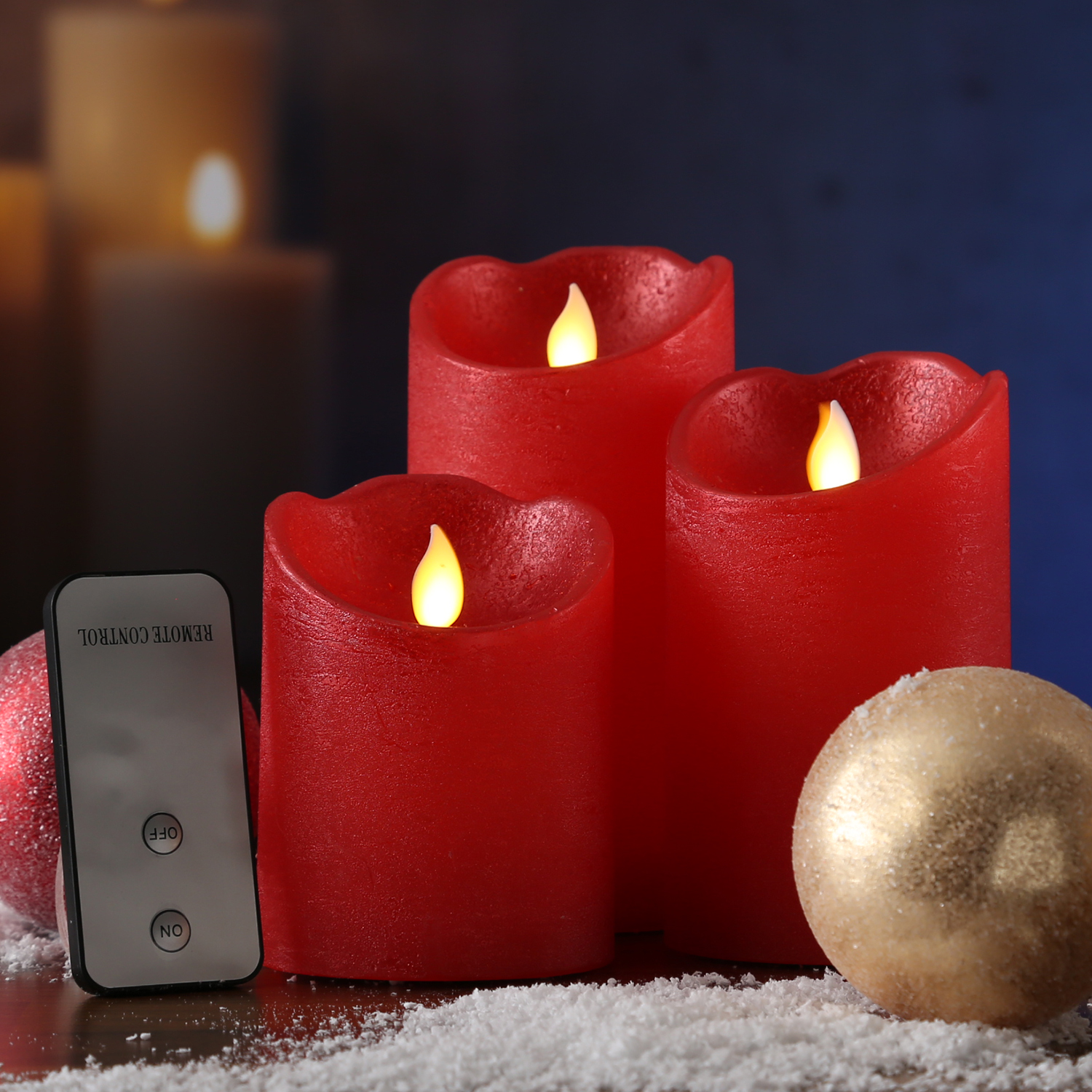 LED Kerzenset M-TWINKLE - Echtwachs - mechanisch bewegte Flamme - Fernbedienung - rot - 3er Set