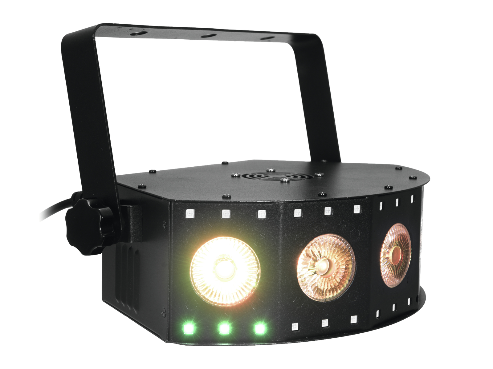 4in1-LED-Effektscheinwerfer mit RGB+UV-LEDs, dynamischen Farbeffekten und Stroboskop