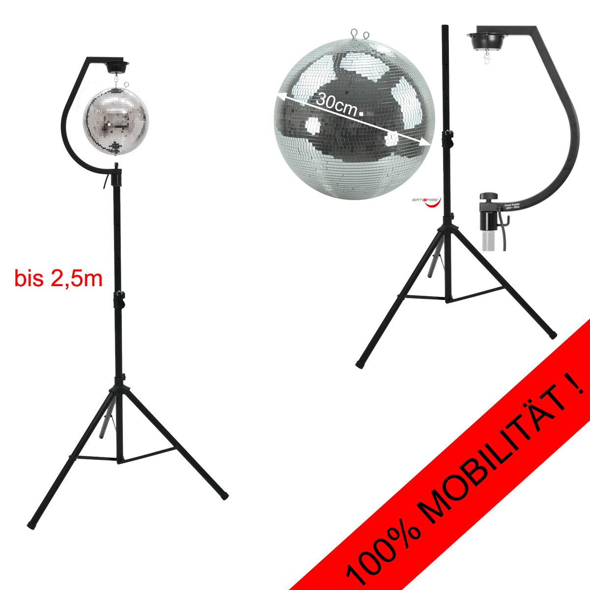 Spiegelkugel SET 30cm PROFI Kugel mit schwarzer Stativhalterung - inkl. Motor