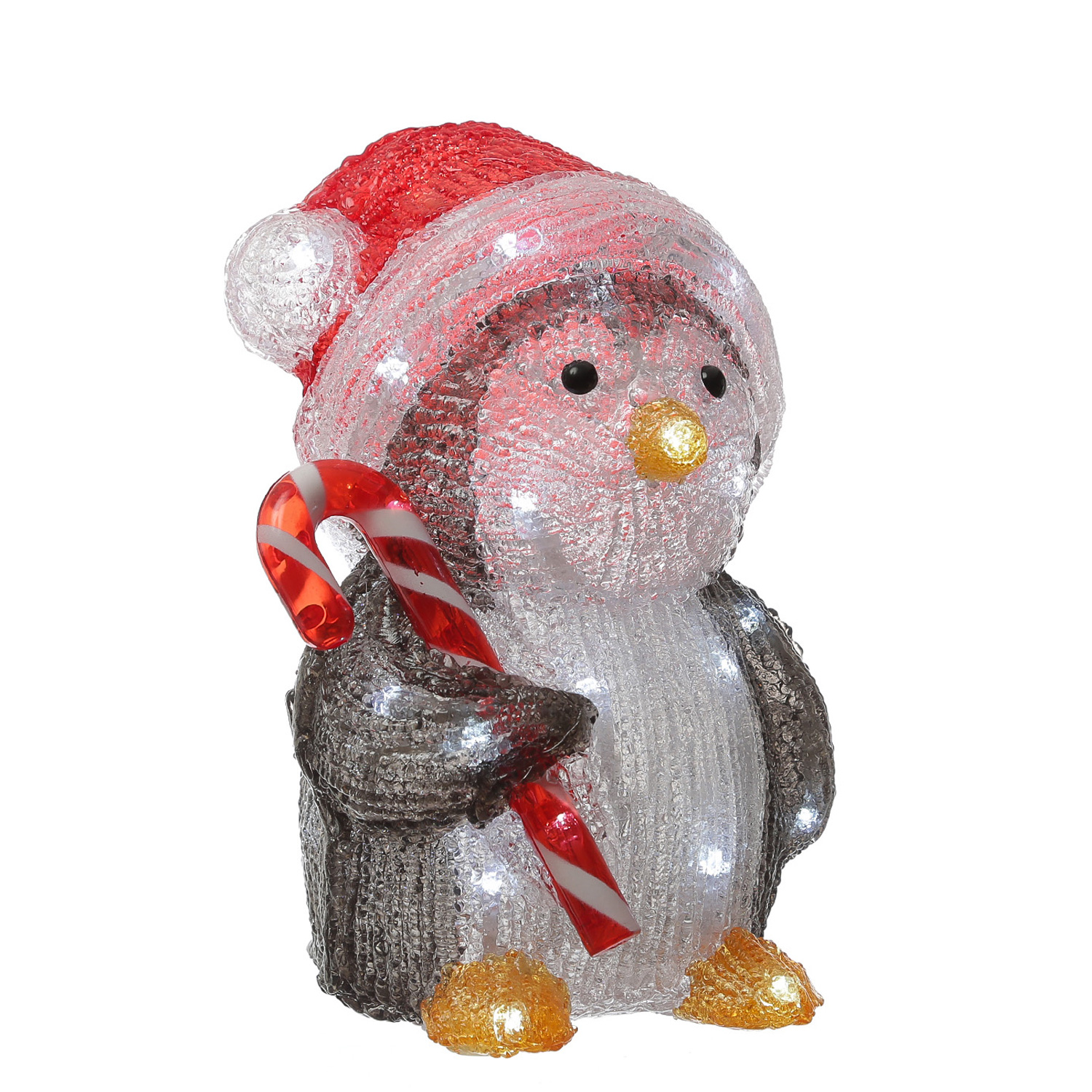LED Pinguin mit Zuckerstange - Acrylfigur - 32 kaltweiße LED - H: 24cm - Timer - Batteriebetrieb