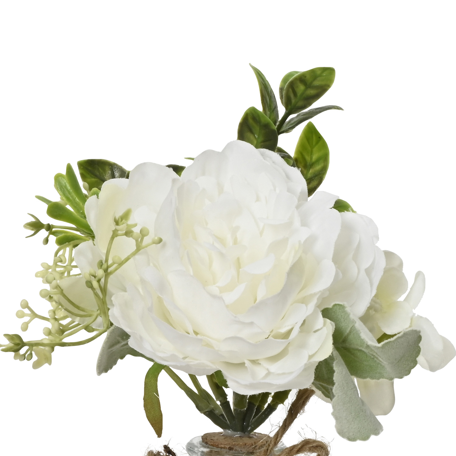 Kunstblumenstrauß in Mini Glasvase - Pfingstrose und Hortensie in Blumenvase - H: 20cm - weiß
