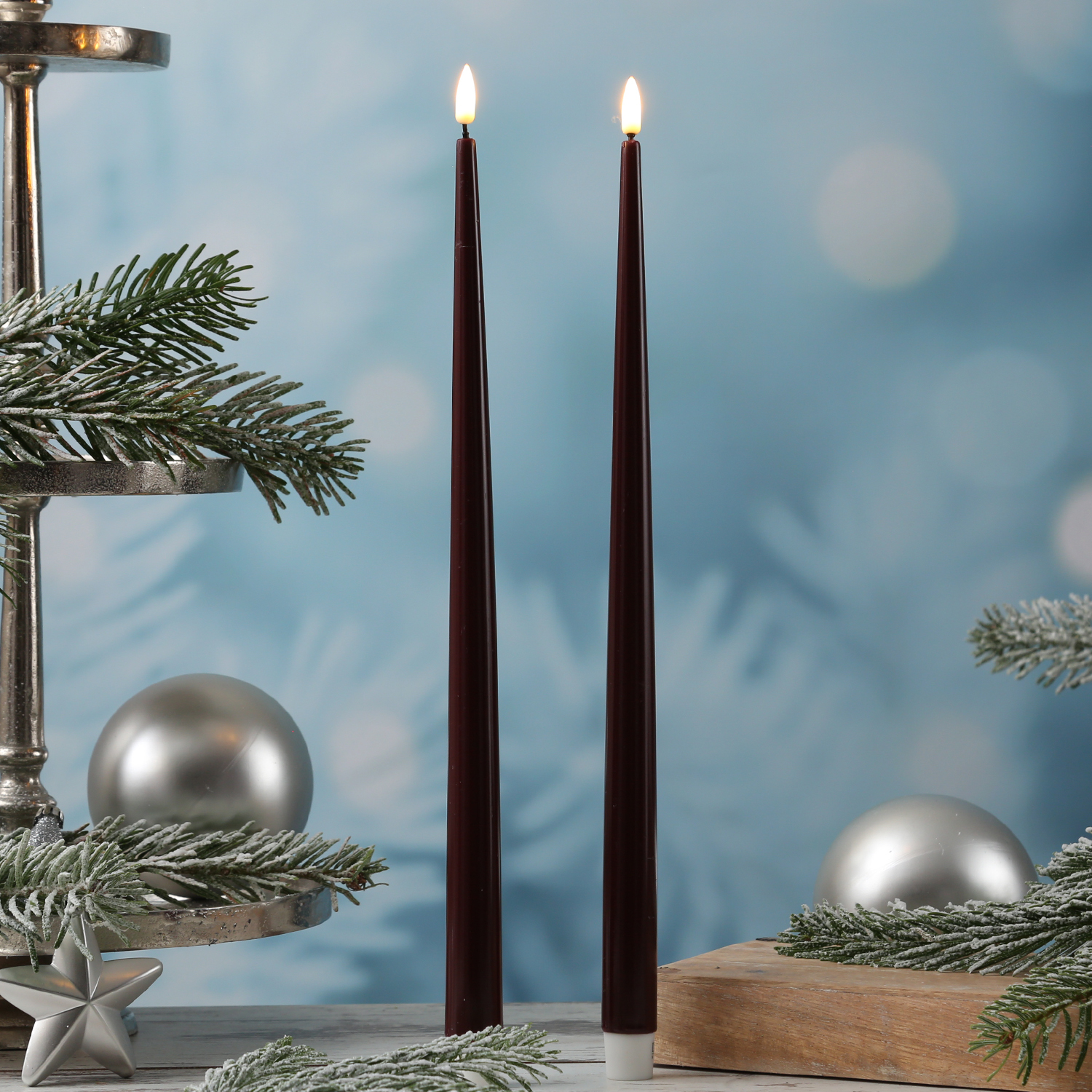 LED Stabkerzen ELLA - Echtwachs - realistische 3D Flamme - H: 38cm - weinrot - 2 Stück