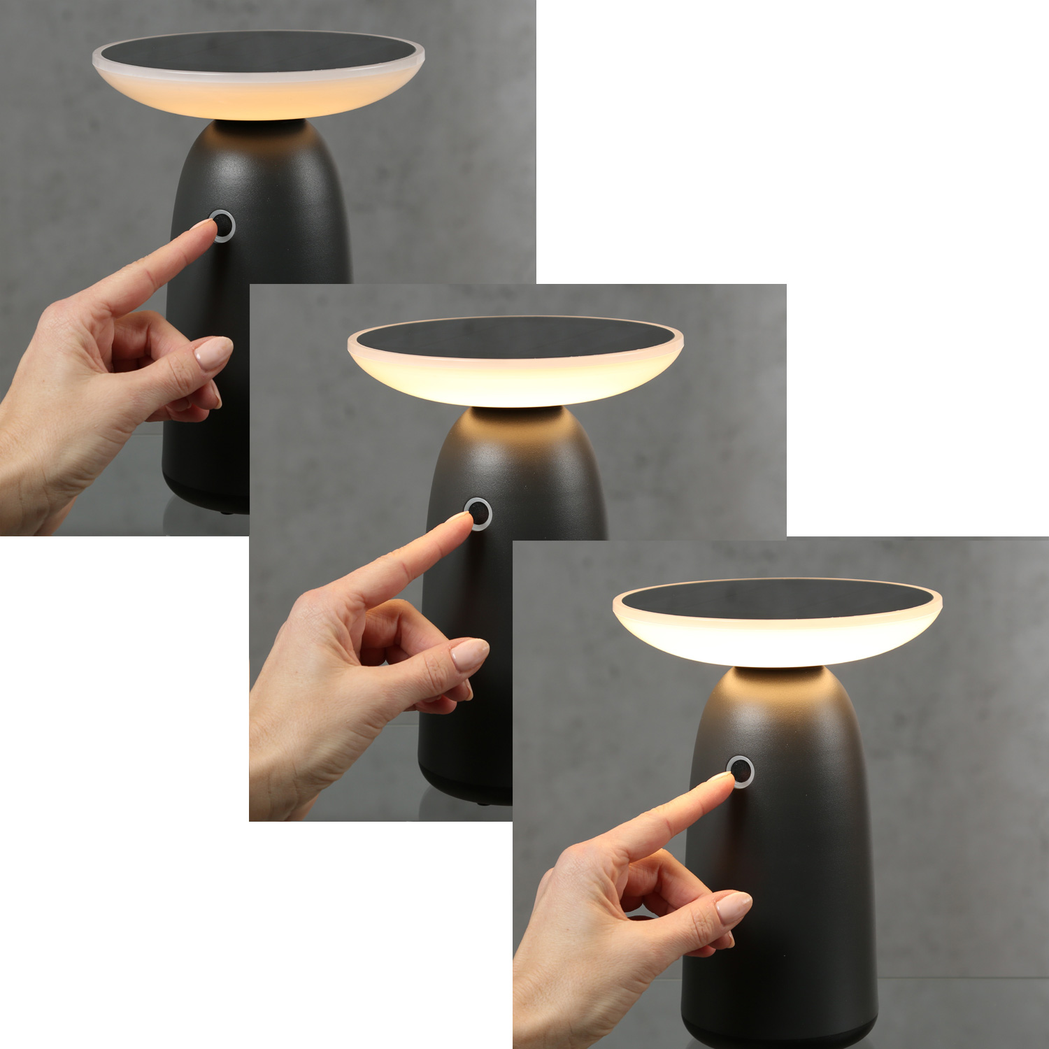 LED Solar Garten Tischleuchte - 3 Helligkeitsstufen - H- 22cm - Lichtsensor - fuer Aussen - grau