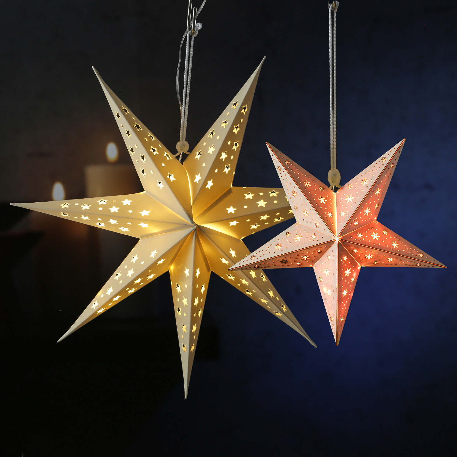 LED Holzstern - mit Schneeflockenmuster - hängend - 5-zackig - 10 warmweiße LED - D: 40cm - Timer