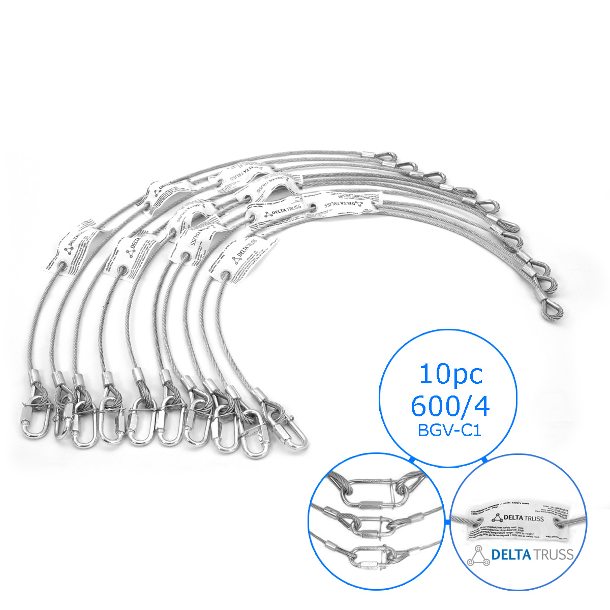 Sicherheitsfangseil 600x4mm - 10er Set - Safety nach BGV-C1 bis 10kg Safety Stahlseil als Absturzsicherung in der Veranstaltungstechnik - Fallsicherung