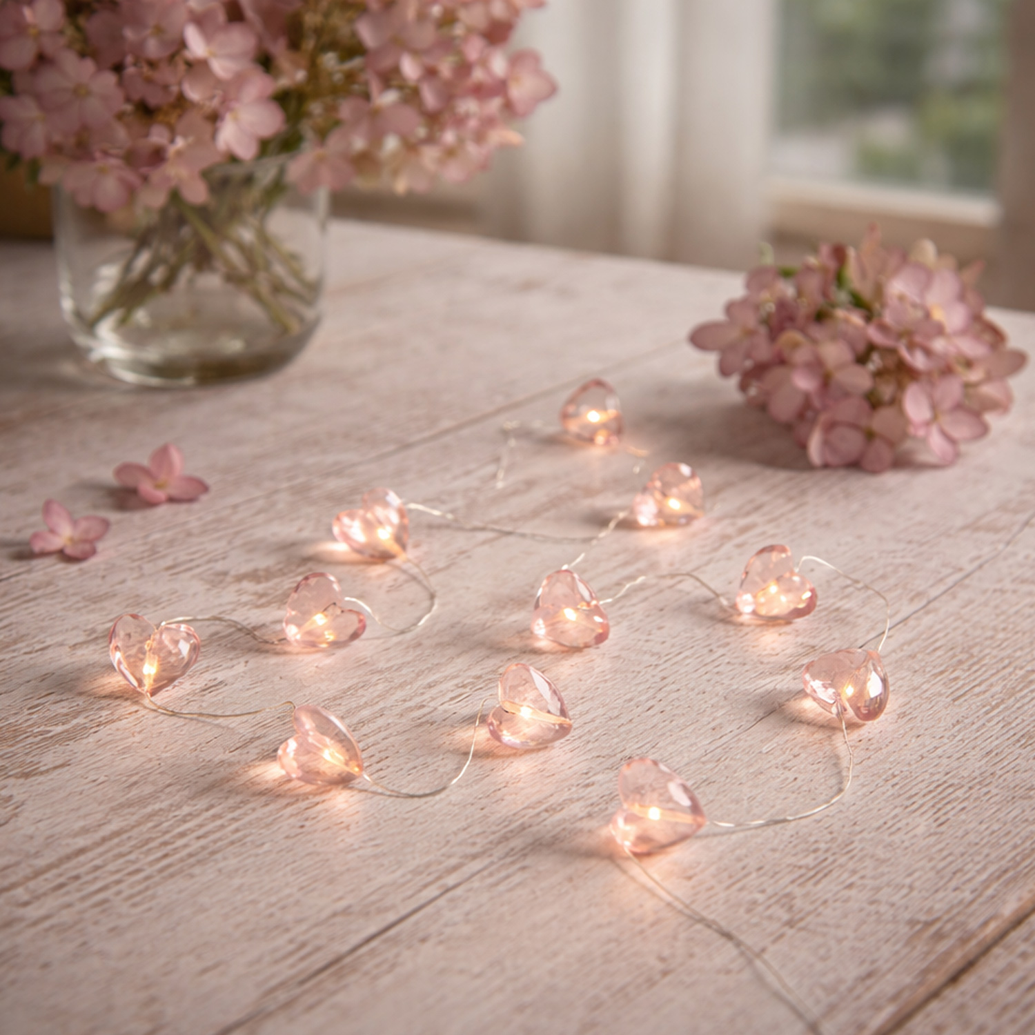 LED Lichterkette Herzen - 12 rosa Herzen - L: 1,65m - Batteriebetrieb - Timer