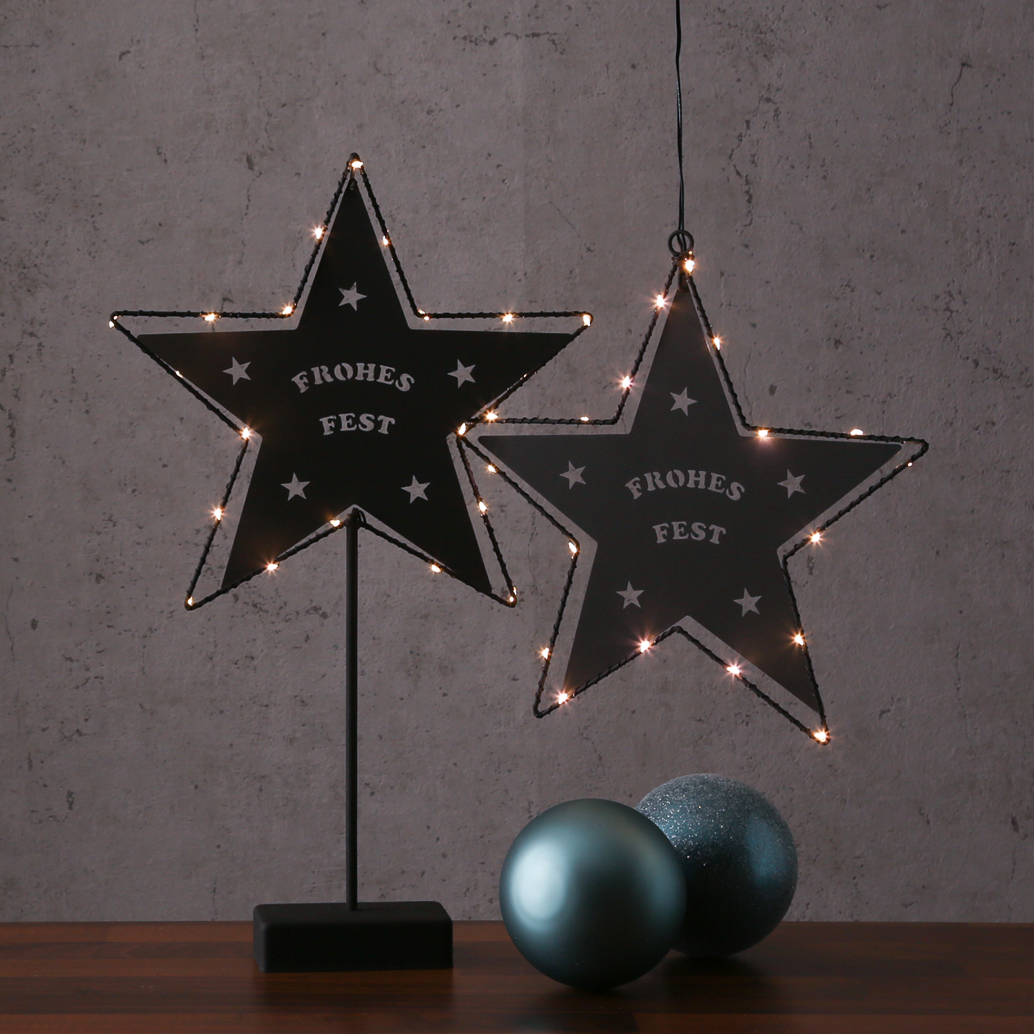 LED Hängestern FROHES FEST - Metallstern - 5-zackig - D: 27cm - 20 LED - Batteriebetrieb - schwarz