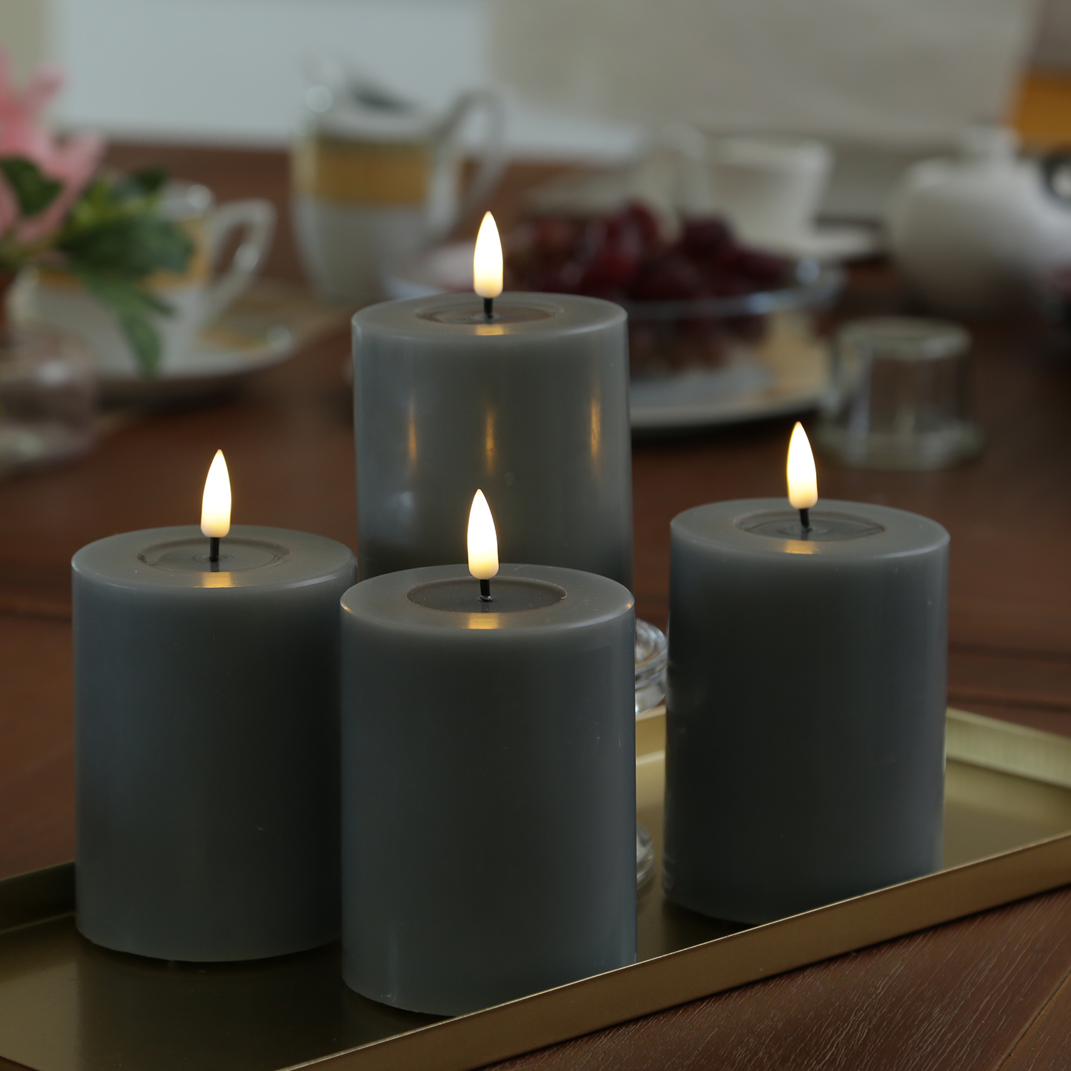 LED Kerzenset MIA - Echtwachs - H: 10cm/D: 7,5cm - mit Batterien/Fernbedienung - grau - 4er Set