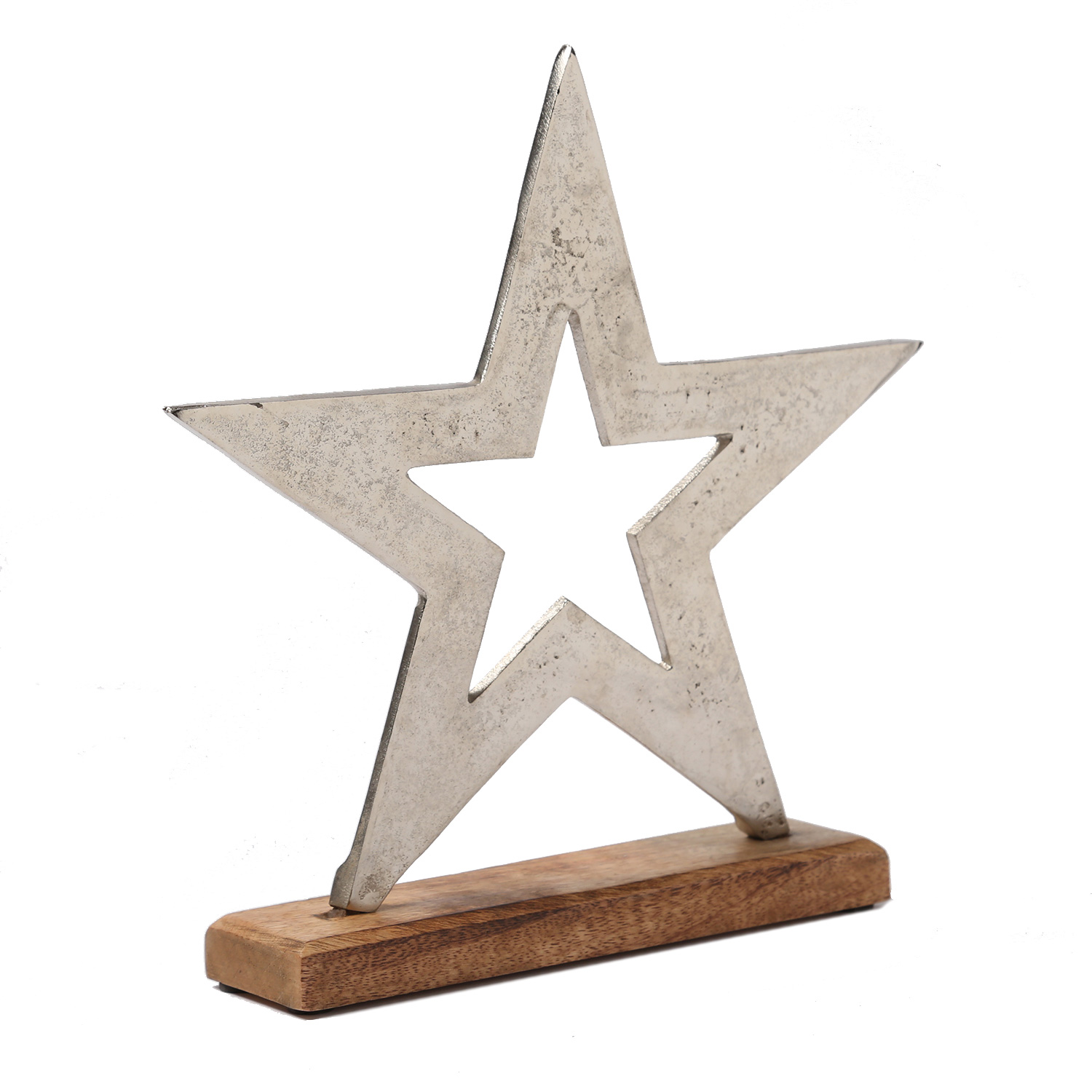 Dekostern aus Aluminium - Metallstern - stehend - Mangoholzsockel - H: 28,7cm - natur, silber