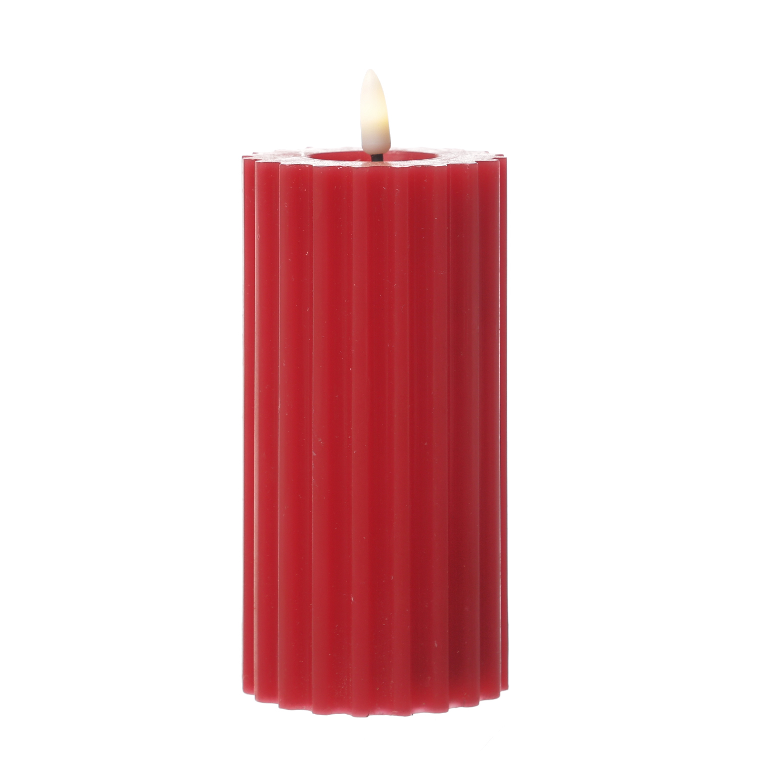 LED Kerze LIV - gerillt - Echtwachs - warmweiße 3D Flamme - H: 17,5cm - D: 7,5cm - Timer - rot